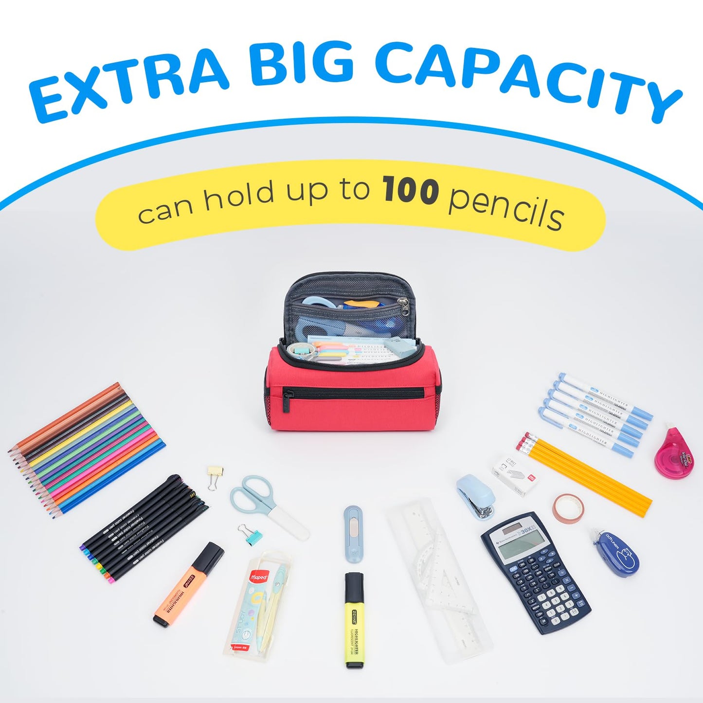ECHSRT Large Pencil Case Organizer, Big Capacity U-Shaped Pen Pouch, Red