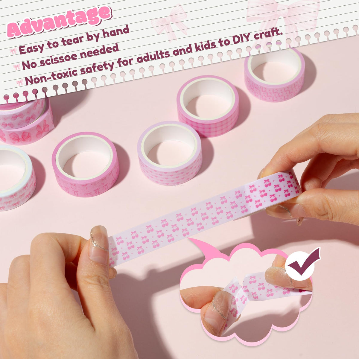 BkeeCten Pink Bow Washi Tape Trendy Cherry Preppy Aesthetic Decorative