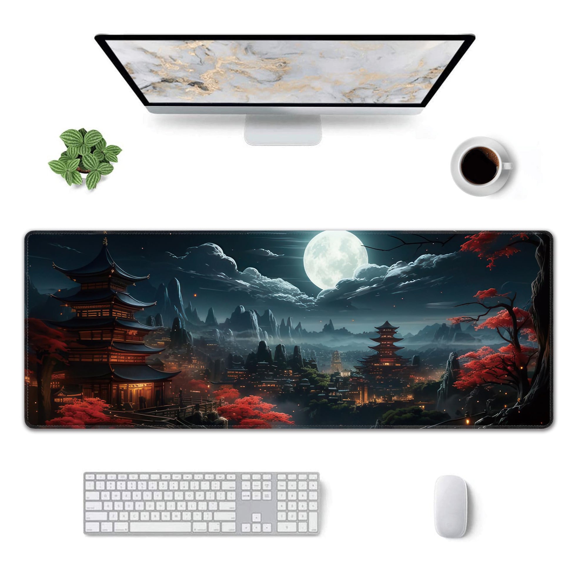 Japanese Full Moon Large Mouse Pad,Gaming Keyboard Desk Pad,Extended Mouse Mat Non-Slip Rubber Base