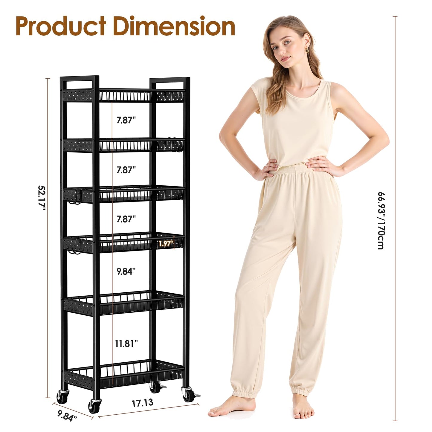 Kssiaz 6 Tier Slim Storage Cart, Narrow Rolling Cart with Wheels, 10in(W)