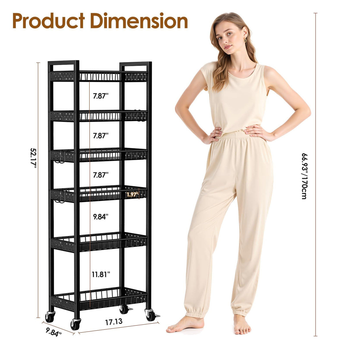 Kssiaz 6 Tier Slim Storage Cart, Narrow Rolling Cart with Wheels, 10in(W)