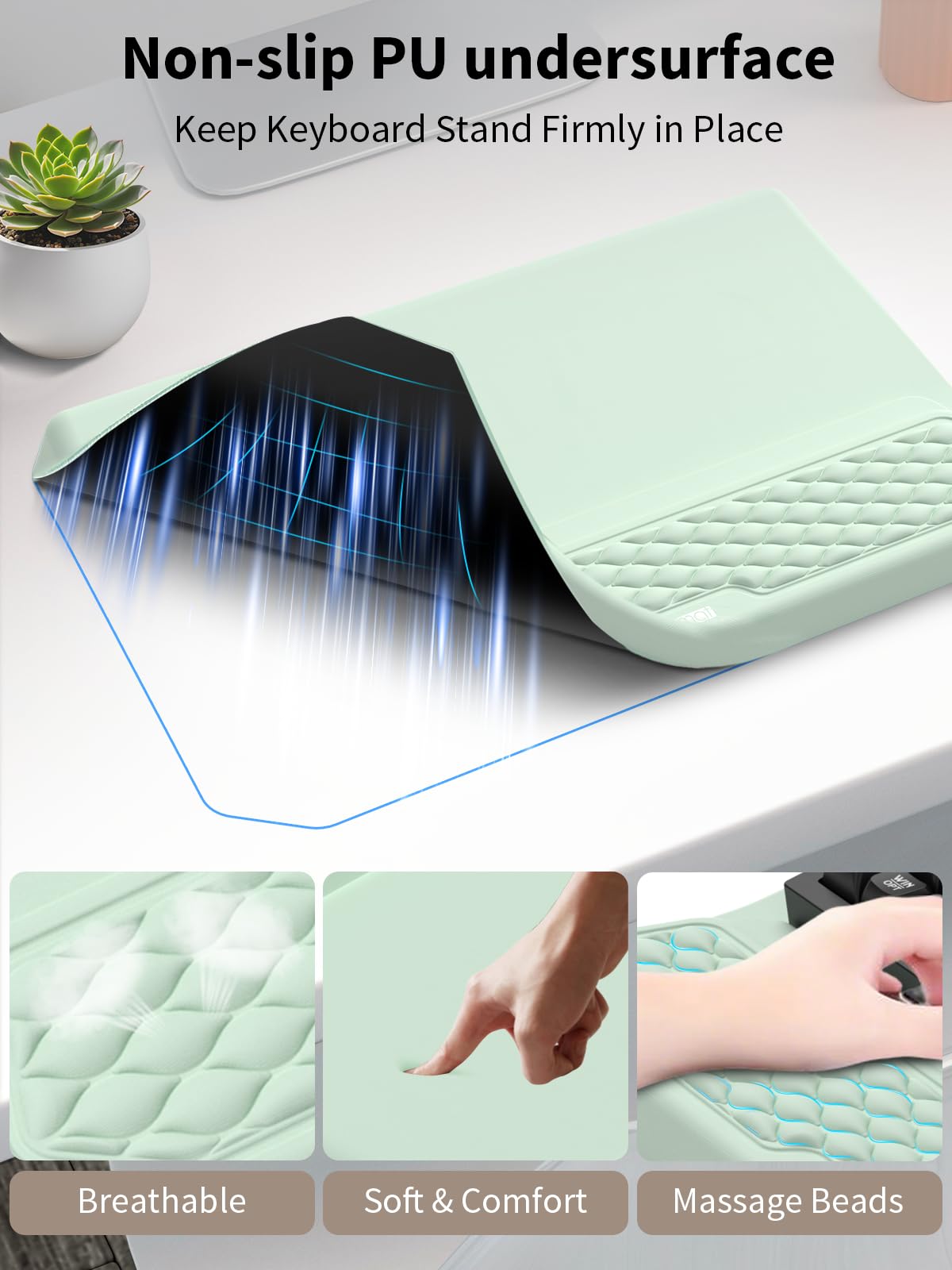 3-in-1 Ergonomic Keyboard Stand with Wrist Rest & Mouse Pad Set,Light Green