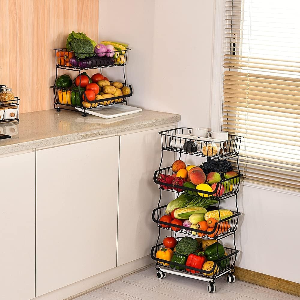 Miyawell Fruit Vegetable Storage Basket, 4 Tier Stackable Metal Wire Storage Baskets with Wheels