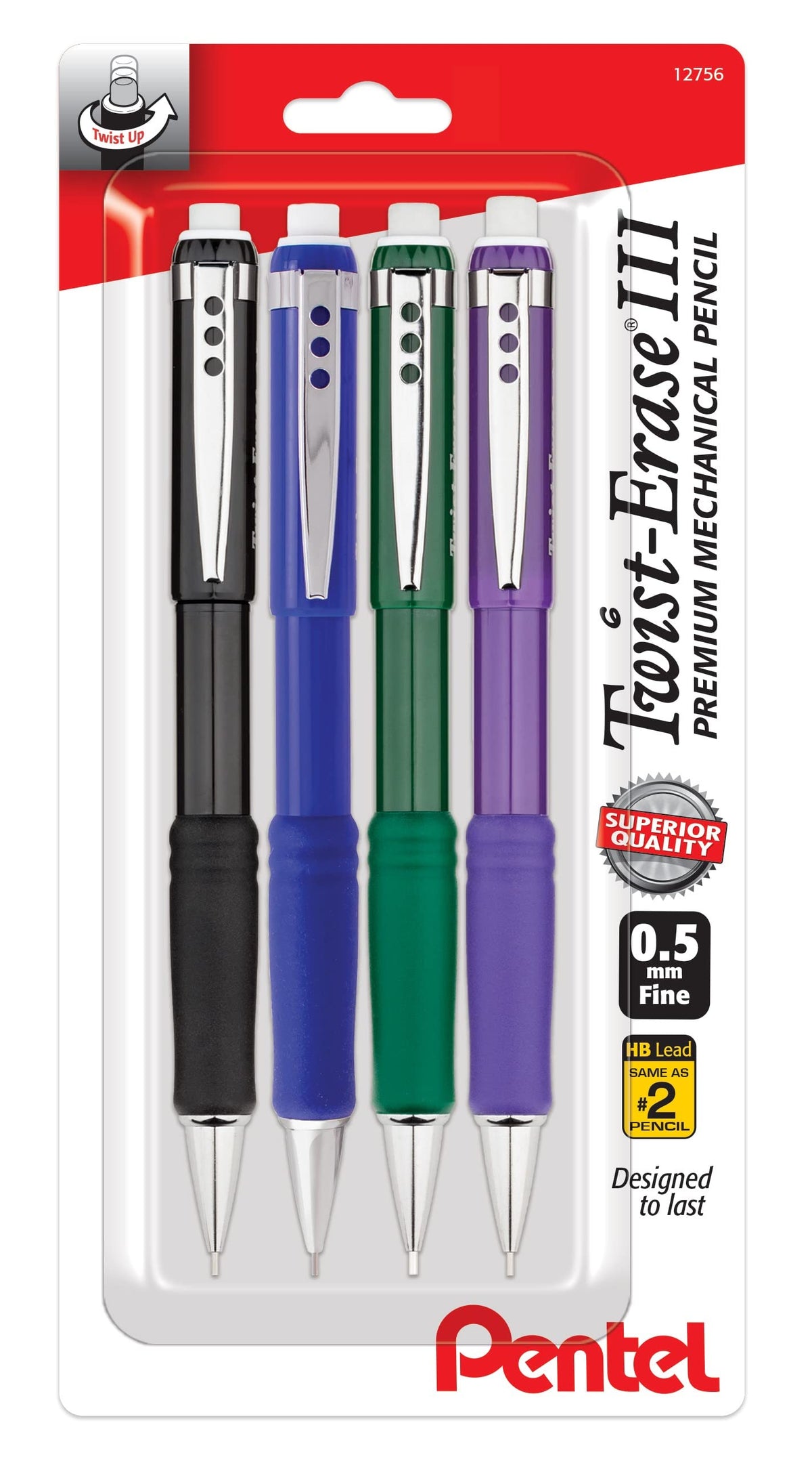 Pentel Twist Erase III Premium Mechanical Pencil 0.5mm 4 pack Assorted Barrels (1 each Black, Blue