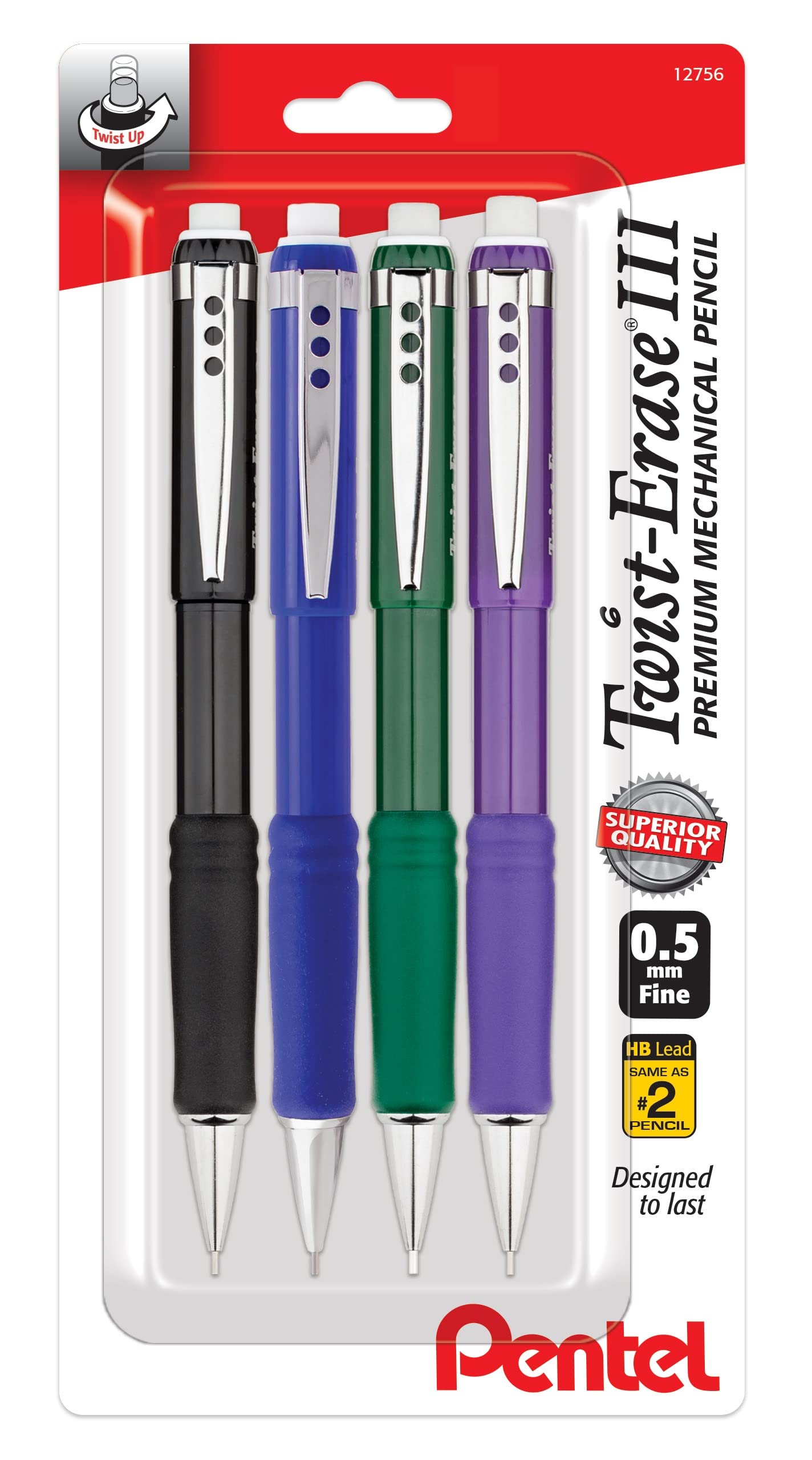 Pentel Twist Erase III Premium Mechanical Pencil 0.5mm 4 pack Assorted Barrels (1 each Black, Blue