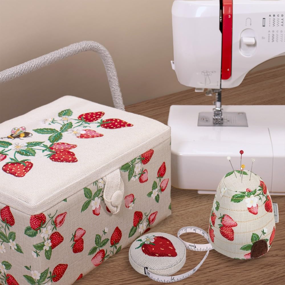 Hobby Gift Strawberry Sewing Box Gift Bundle with Matching 60 Inch Tape Measure and Pin Cushion