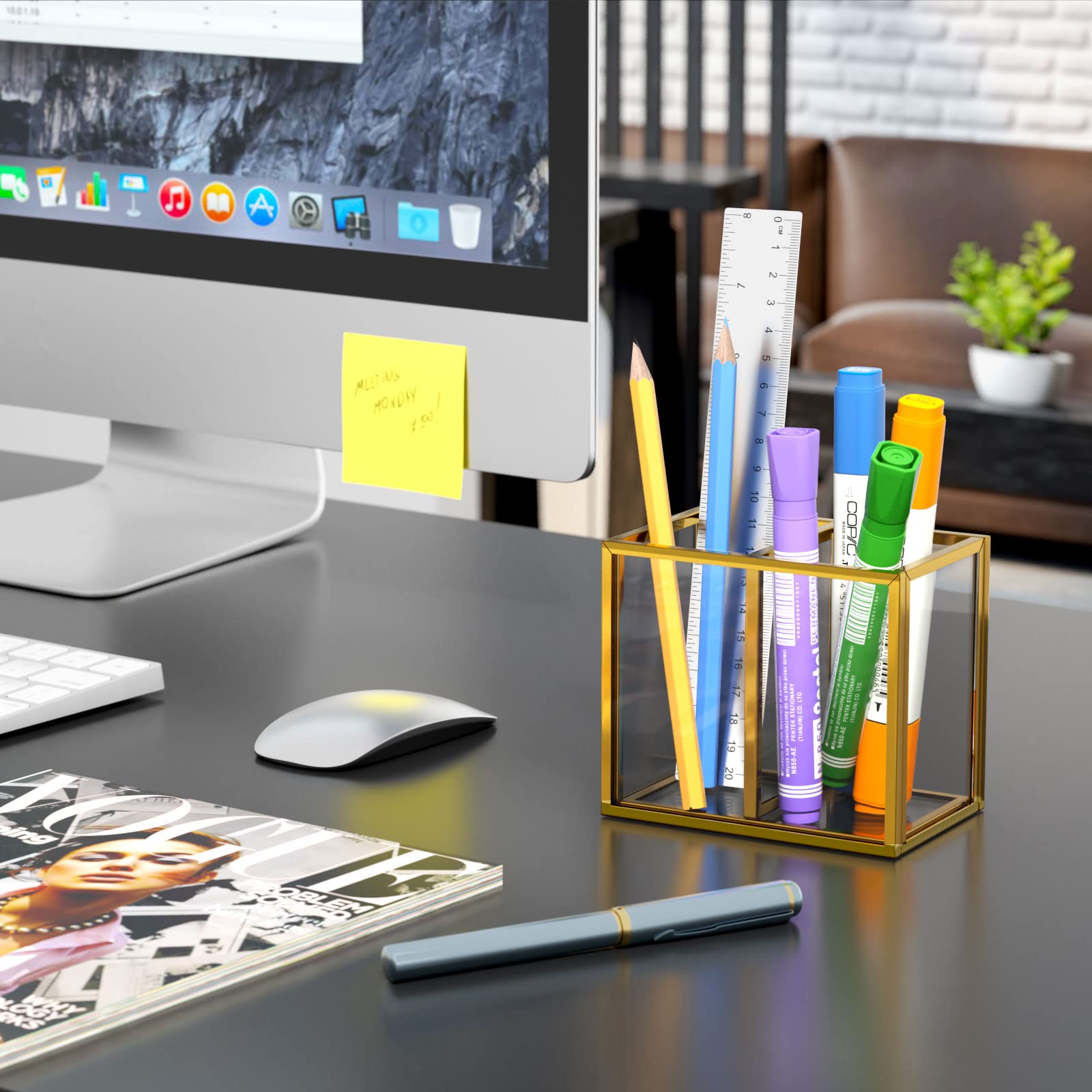 NIUBEE Gold Acrylic Pen Holder for Desk, Clear Pencil Cup Organizer Makeup Brush Holder, Acrylic