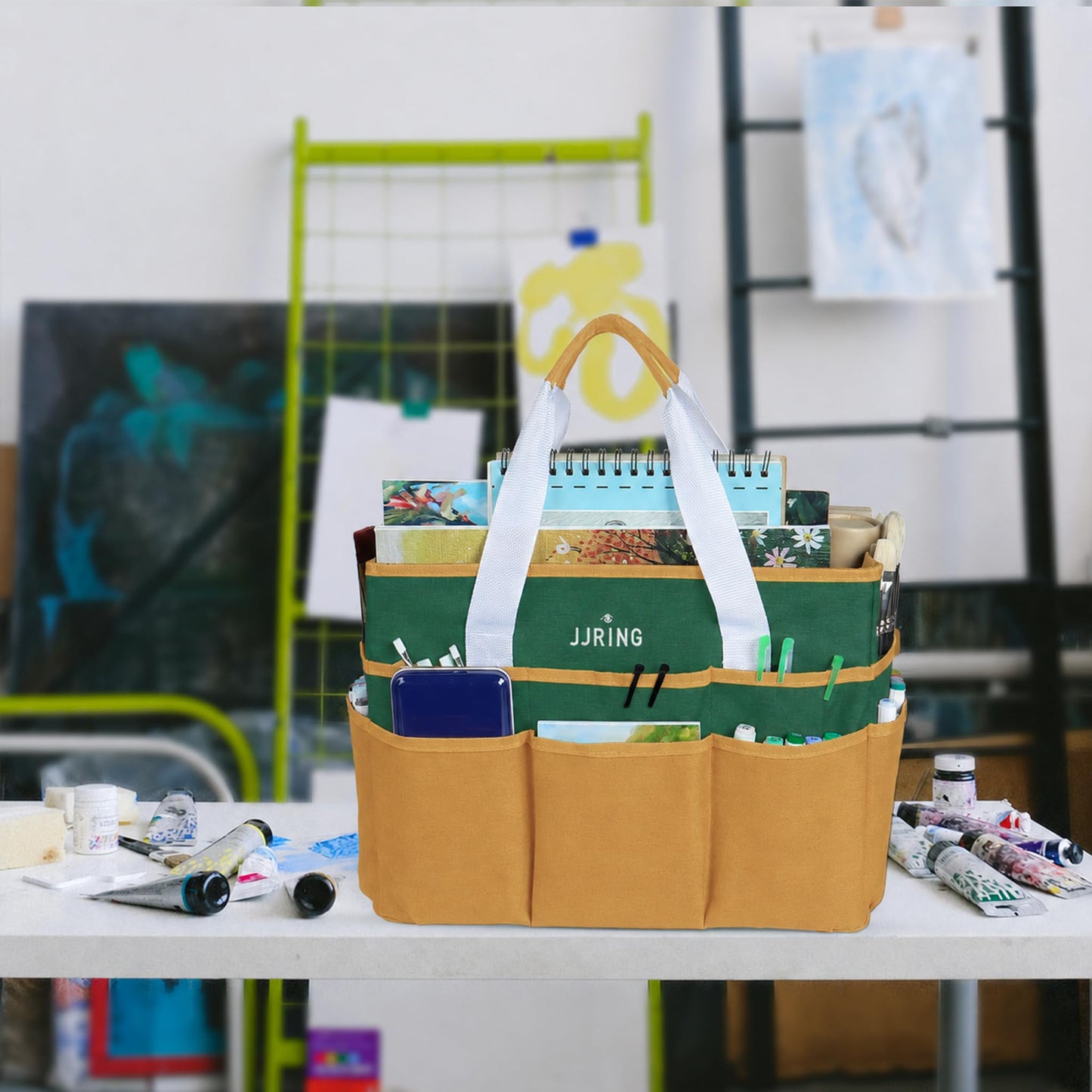 JJRING Craft Organizer Tote Bag Large Art Storage Caddy Deep Green&Yellow