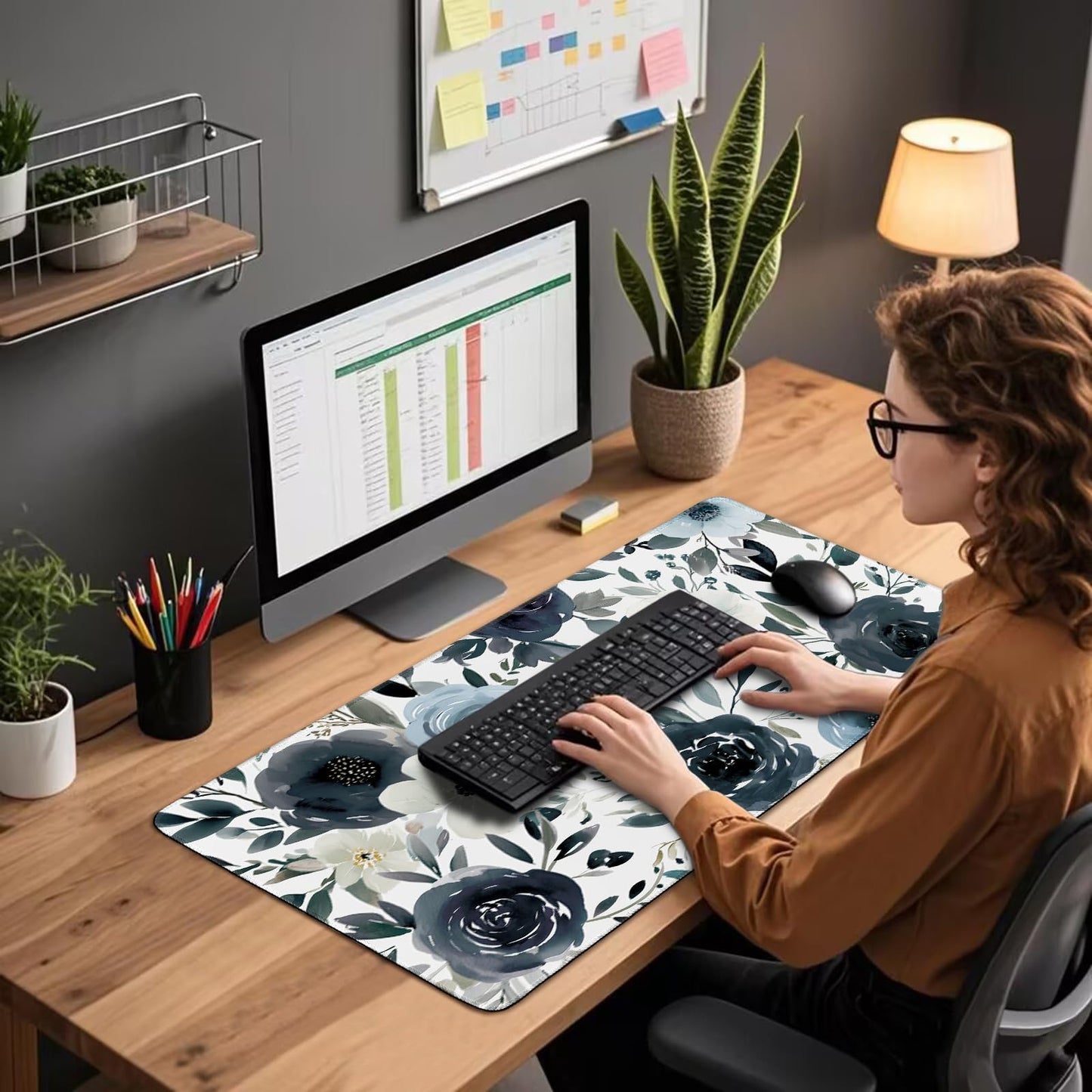 Mcapirivo Navy Blue White Floral Large Gaming Mouse Pad Desk Mat 31.5x15.7