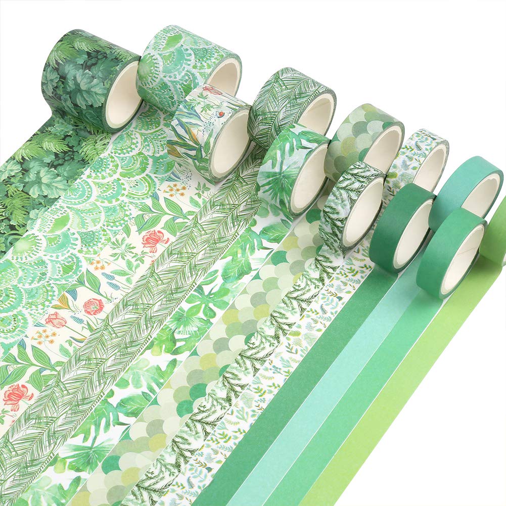 CCINEE 12 Rolls Green Washi Tape Set,Tropical Greenery Leaves Masking Tape for Bullet Journal