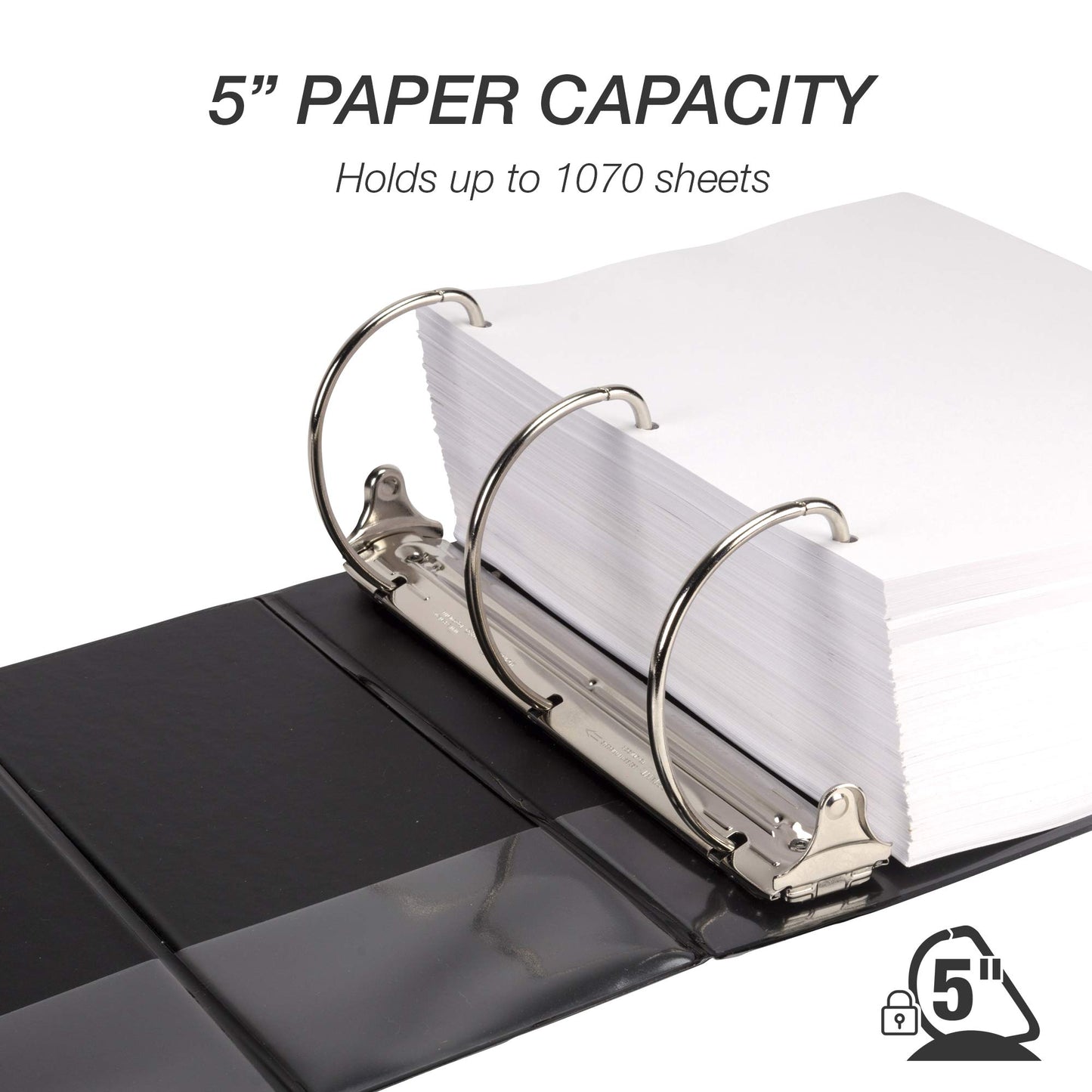 Samsill Durable 5 Inch 3 Ring Binder, D Ring Binder, Customizable Clear View, Black, Holds 1070