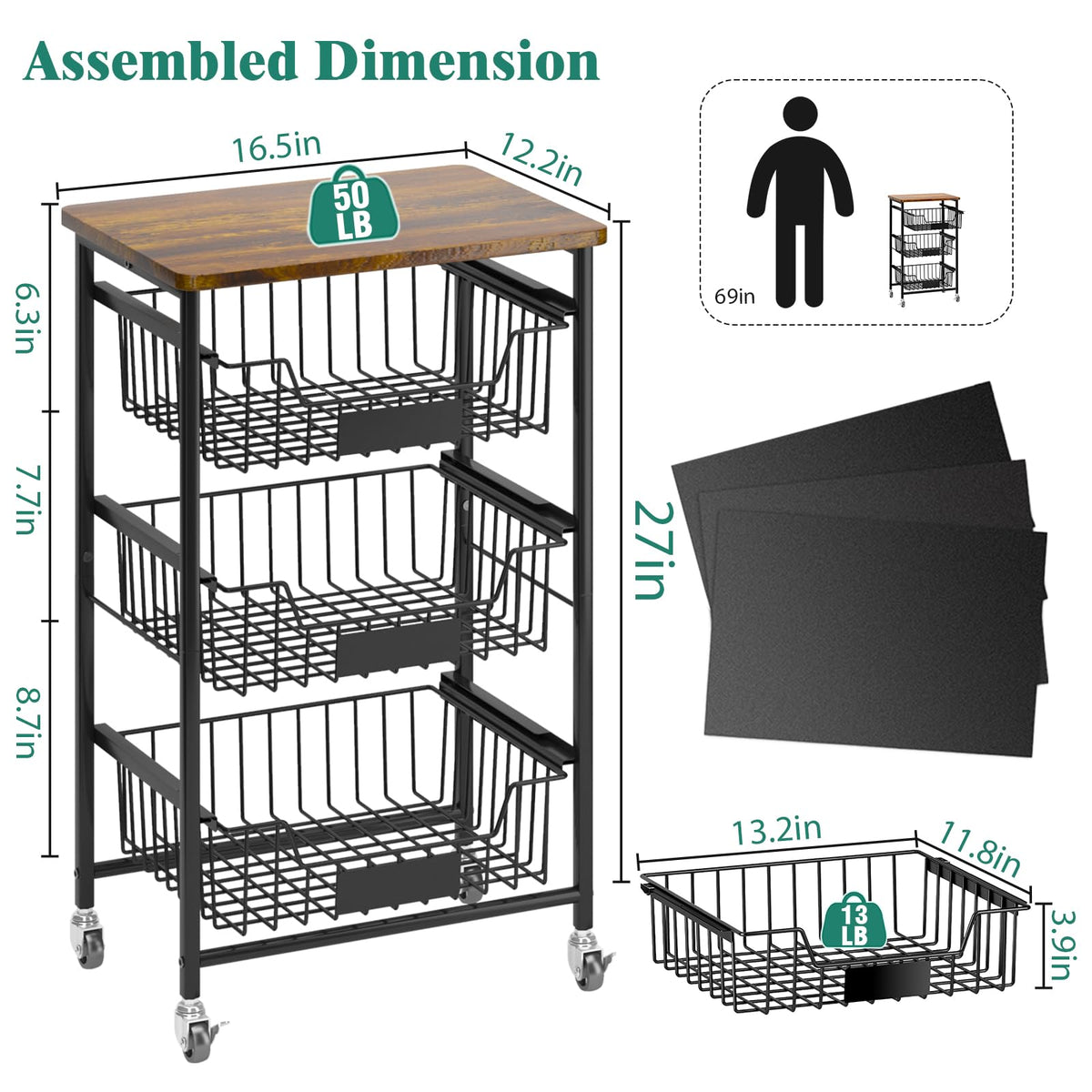 CHLORYARD 4-Tier Vegetable Fruit Basket Kitchen Storage Rolling Cart on Wheels with Pull-Out