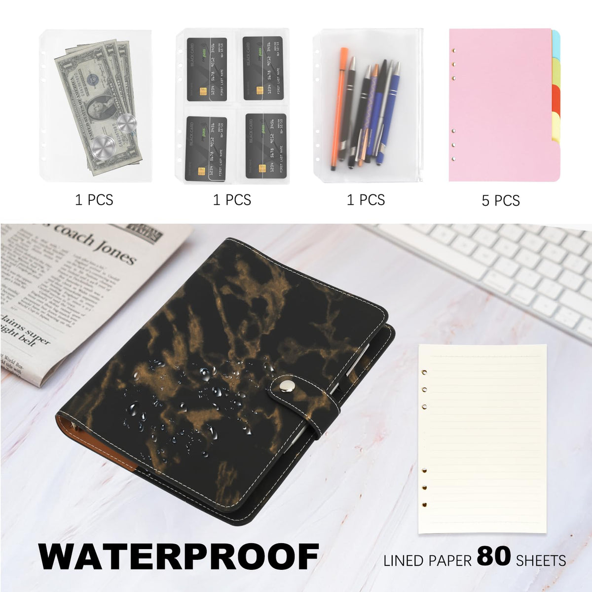 FYY A5 Binder Refillable Planner Notebook 6 Ring, Marble Black