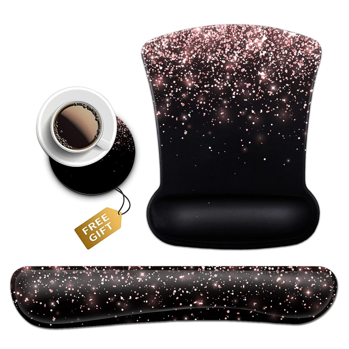 Rose Gold Glitter Mouse Pad with Wrist Support - Ergonomic Gel & Soft Memory Foam Keyboard Rest