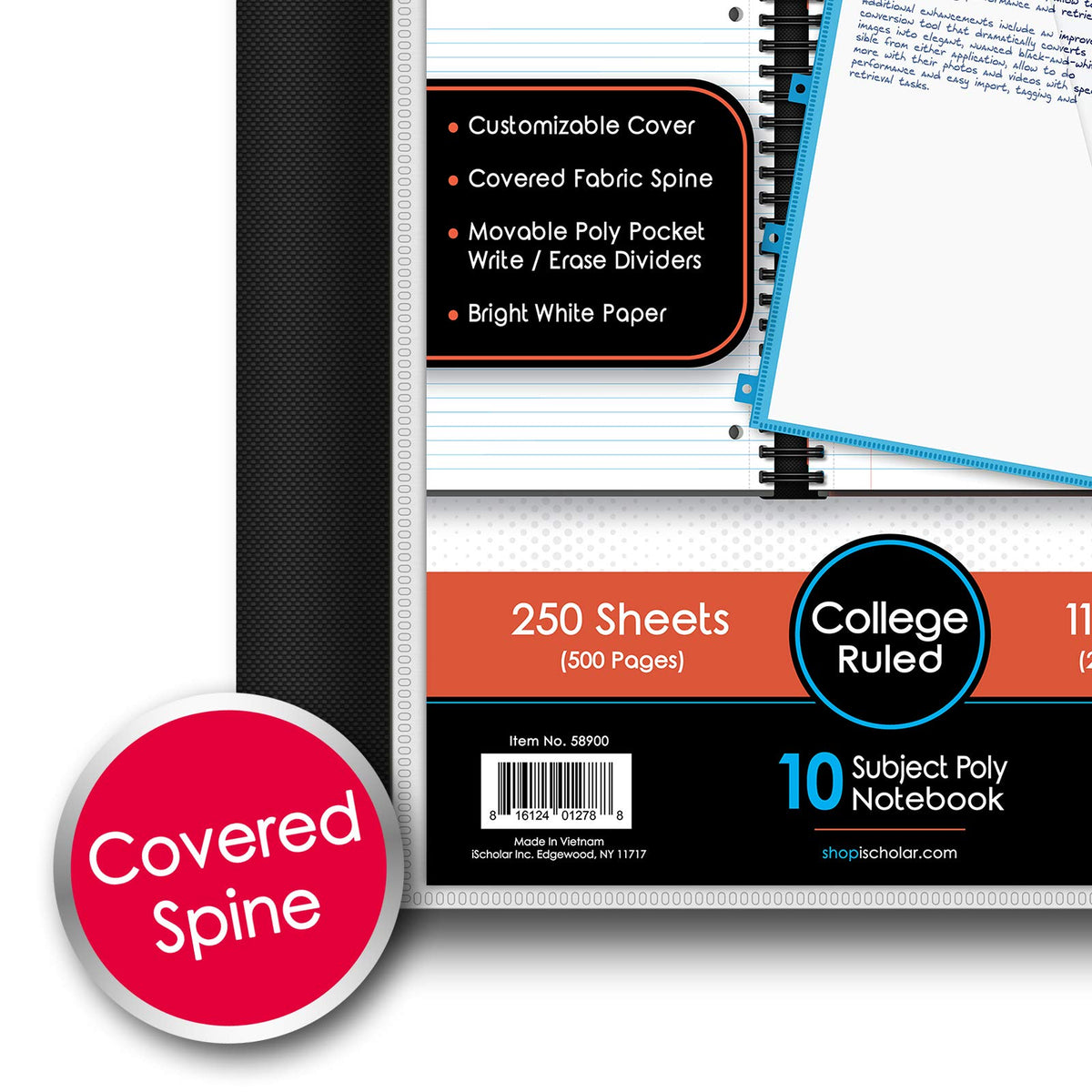 iScholar iQ+ Poly Cover 10 Subject Notebook, College Ruled, 11 x 8.5 Inch, 250 Sheets, Teal