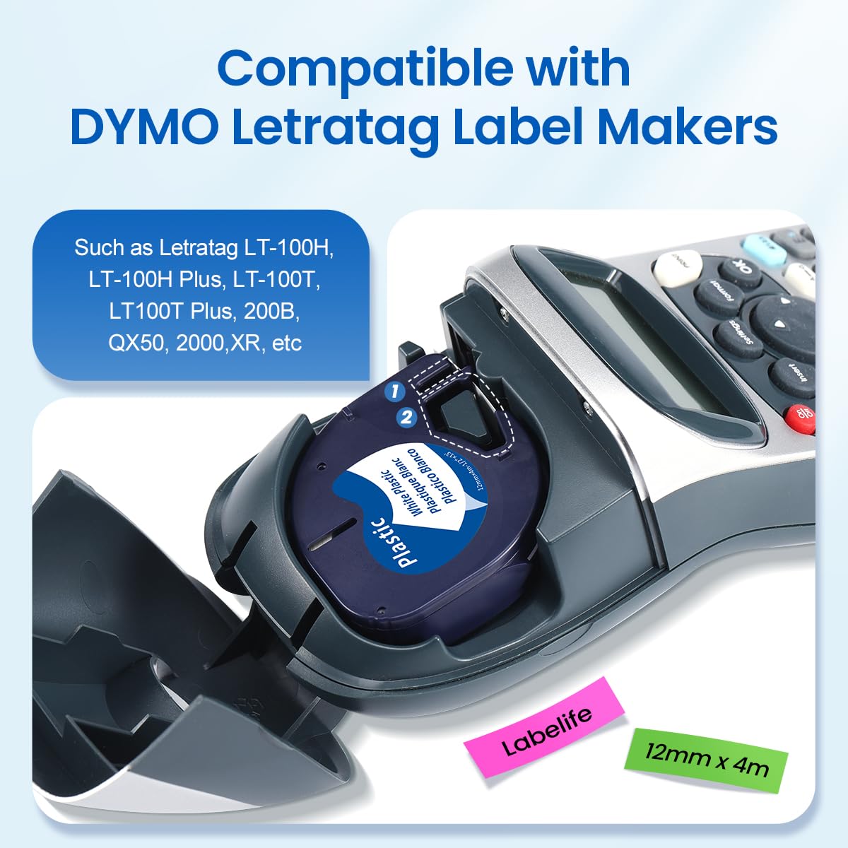 Replace for Dymo Letratag Refills Plastic Color 12mm x 4m 1/2" x 13'