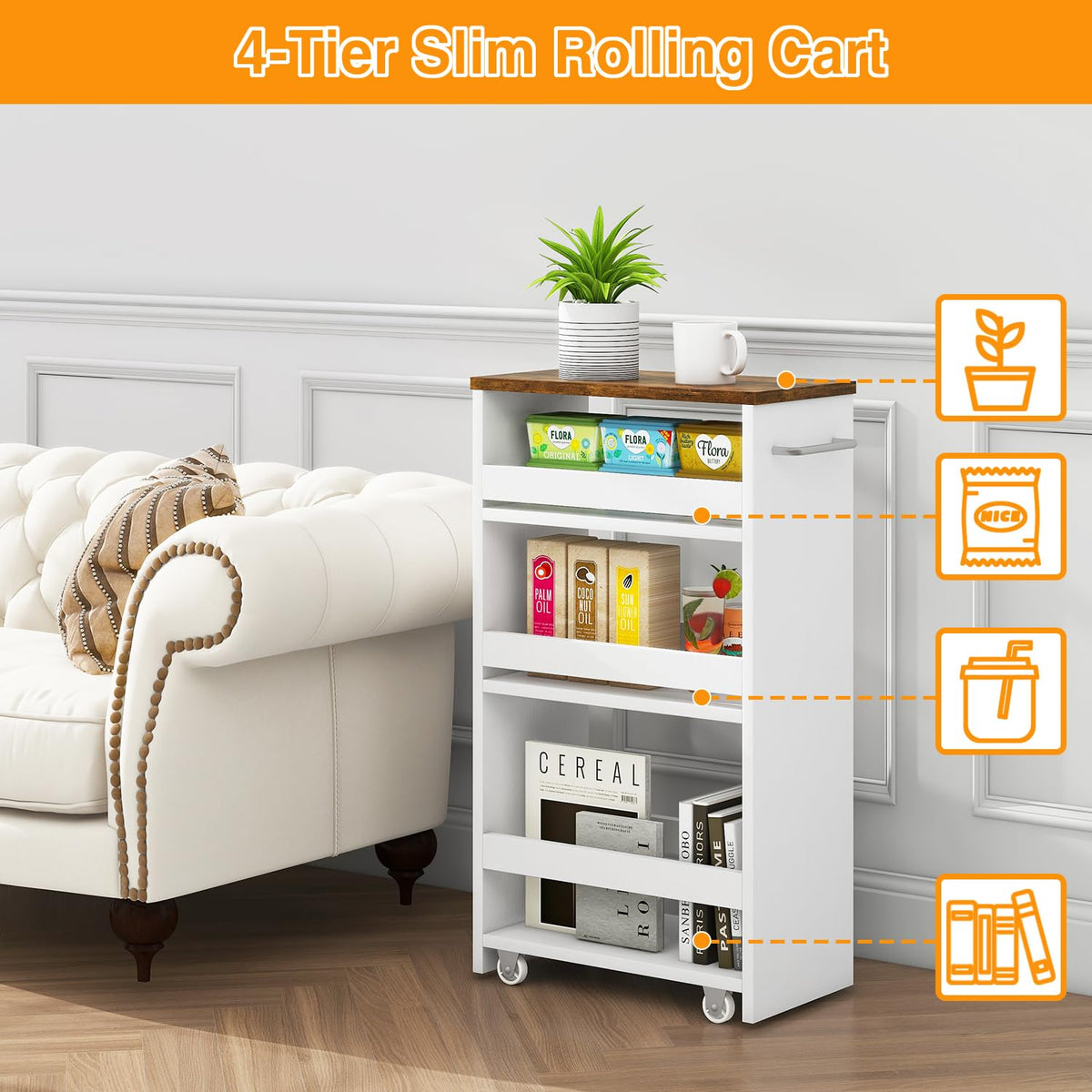 IBUYKE Slim Storage Cart Skinny Rolling Cart Utility Trolley UWST005W-L