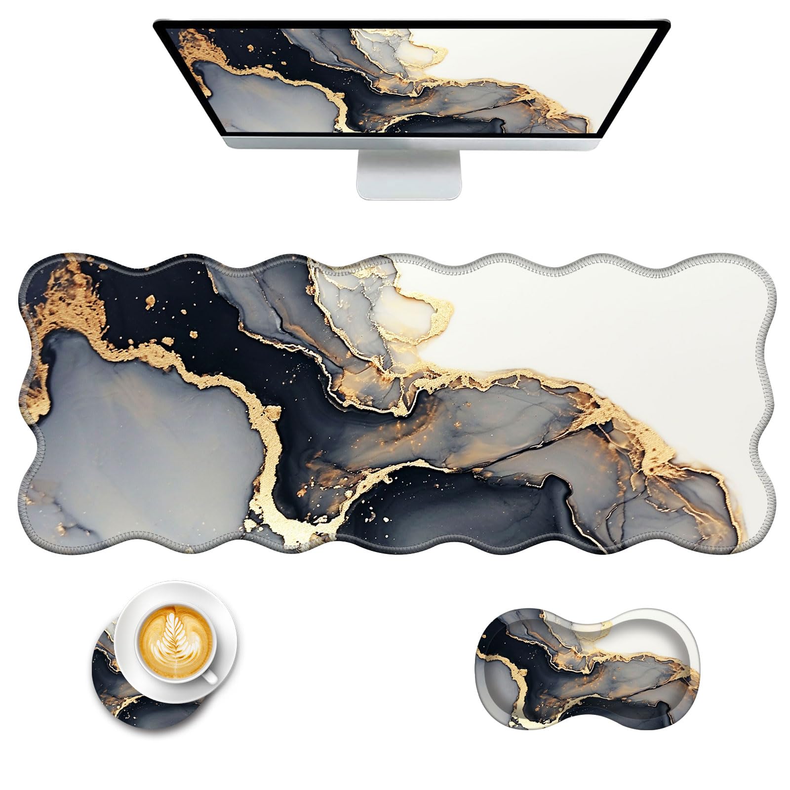 CICPLKSE Mouse Pad with Wrist Support + Desk Mat + Coaster 3 in 1 Set, XL Large Gaming Mousepad