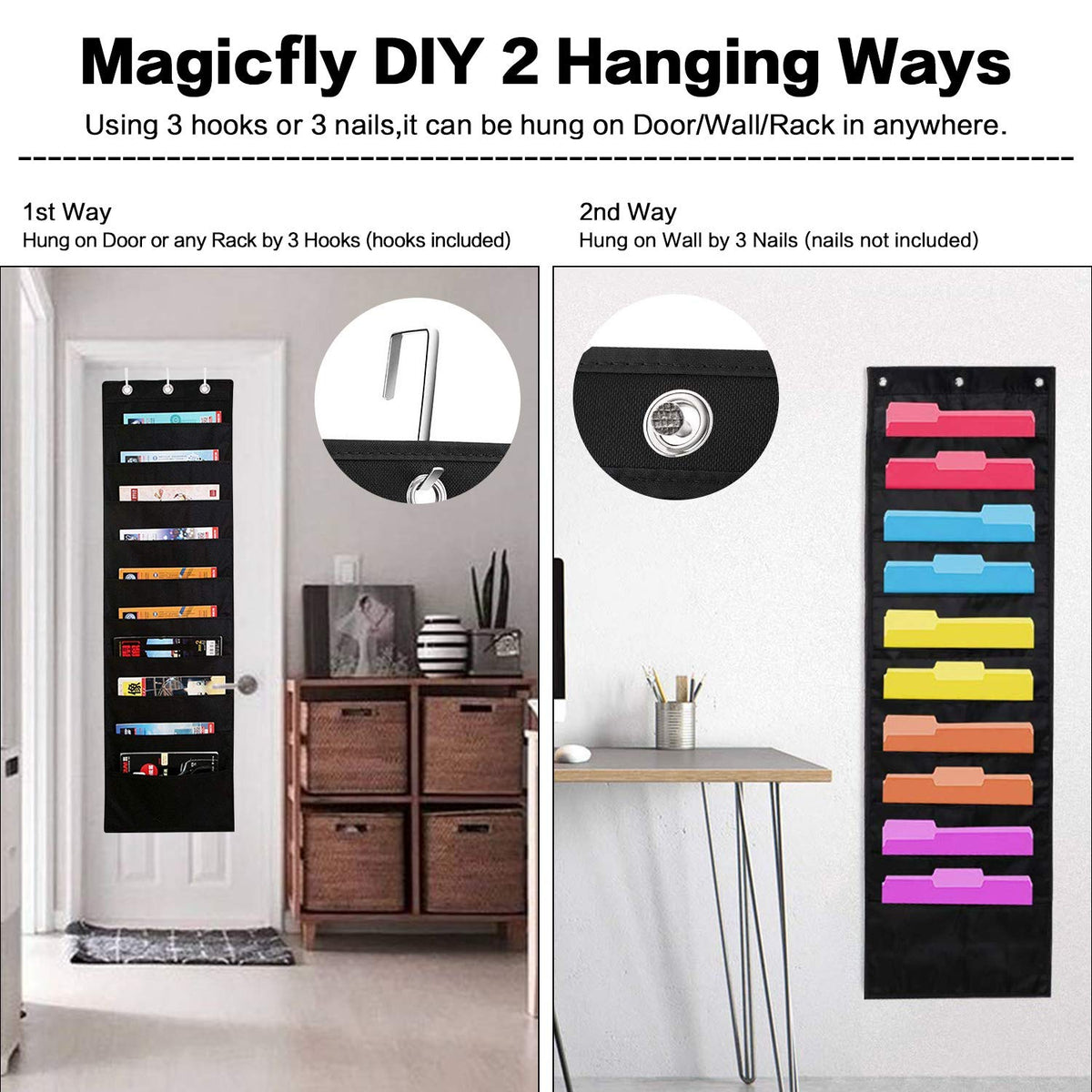 ABC life Hanging Wall File Organizer, 2 Packs, 10 Pocket Office, Home, Classroom, 6 Removable Poly
