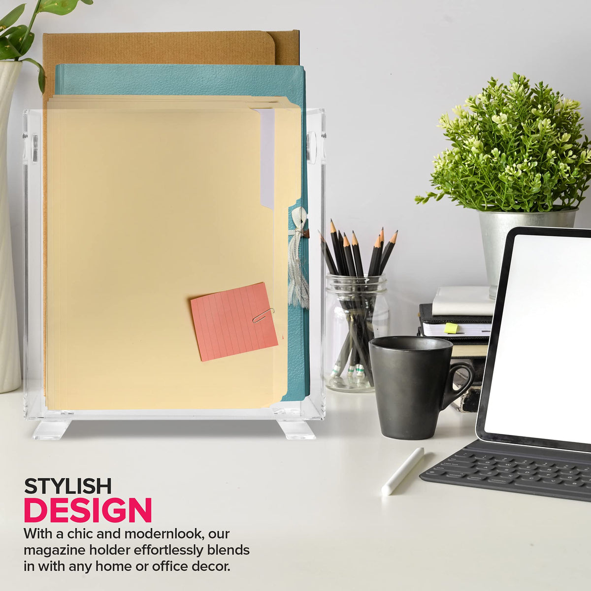 Stock Your Home Acrylic Magazine Holder - Crystal Clear Holder - Shatterproof - Open Top - Space