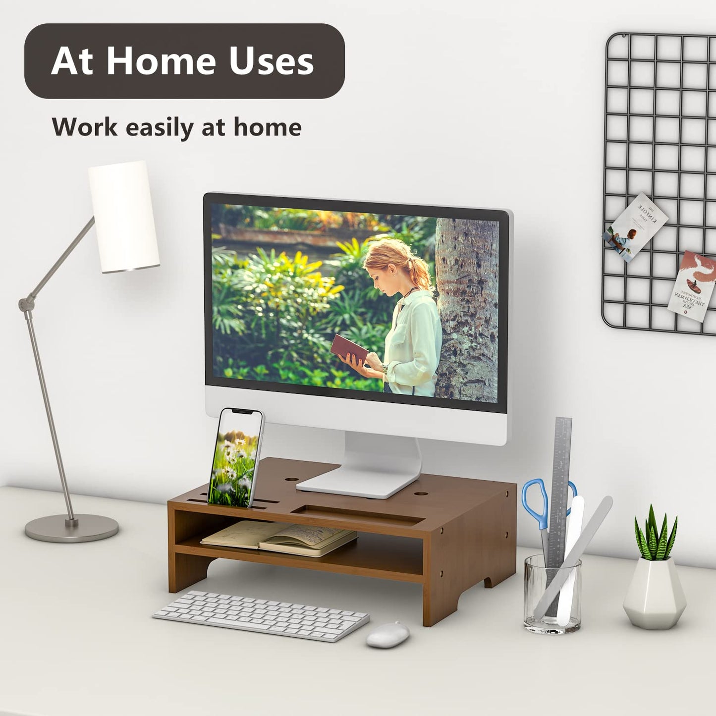 Bambloom Monitor Stand Riser with Storage Organizer Desktop with Cooling Holes Bamboo Laptop Riser