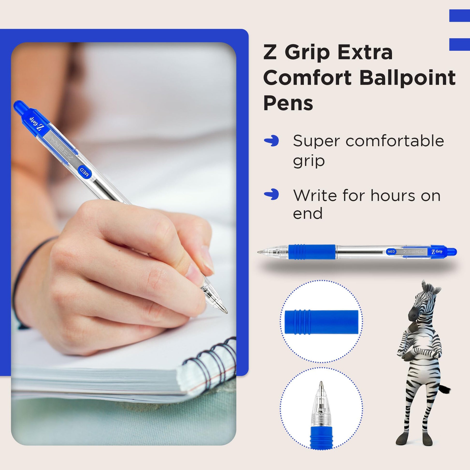 Zebra Pen Z Grip Blue Ballpoint Pens with Pocket Clip 8pk, Retractable Blue Ink Ballpoint Pens