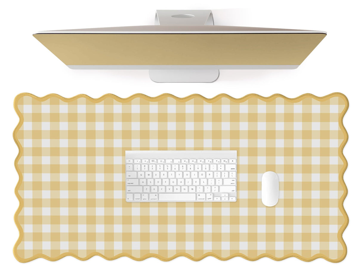 ohisxiacy Scalloped‌ Checkered Gingham Desk Mat Cute Yellow Pastel Large Mouse Pad Kawaii
