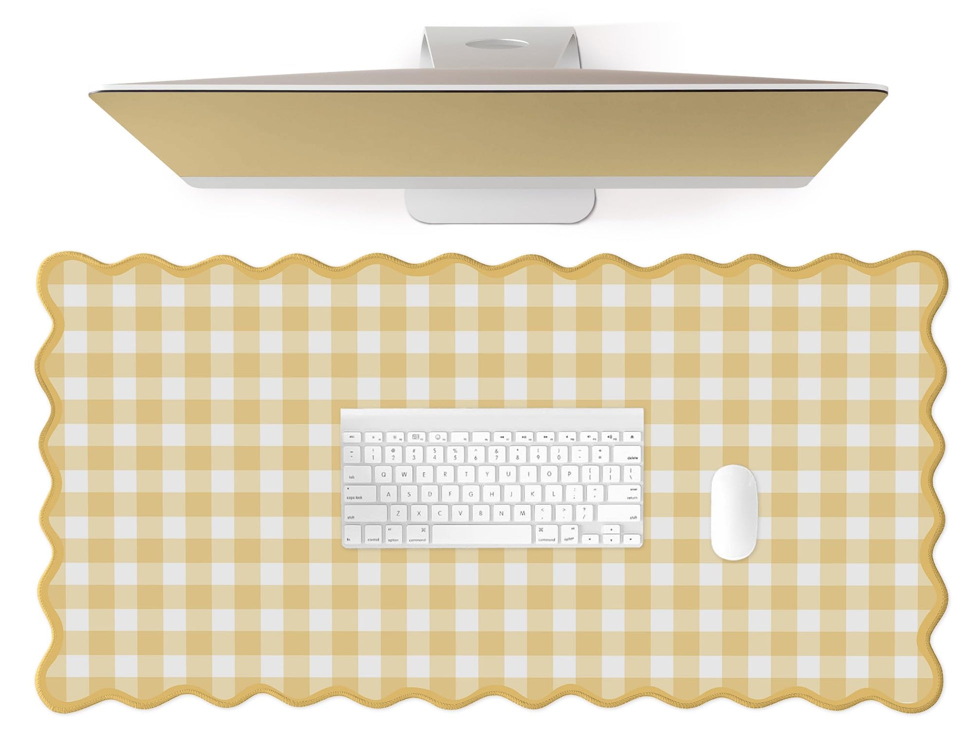 ohisxiacy Scalloped‌ Checkered Gingham Desk Mat Cute Yellow Pastel Large Mouse Pad Kawaii