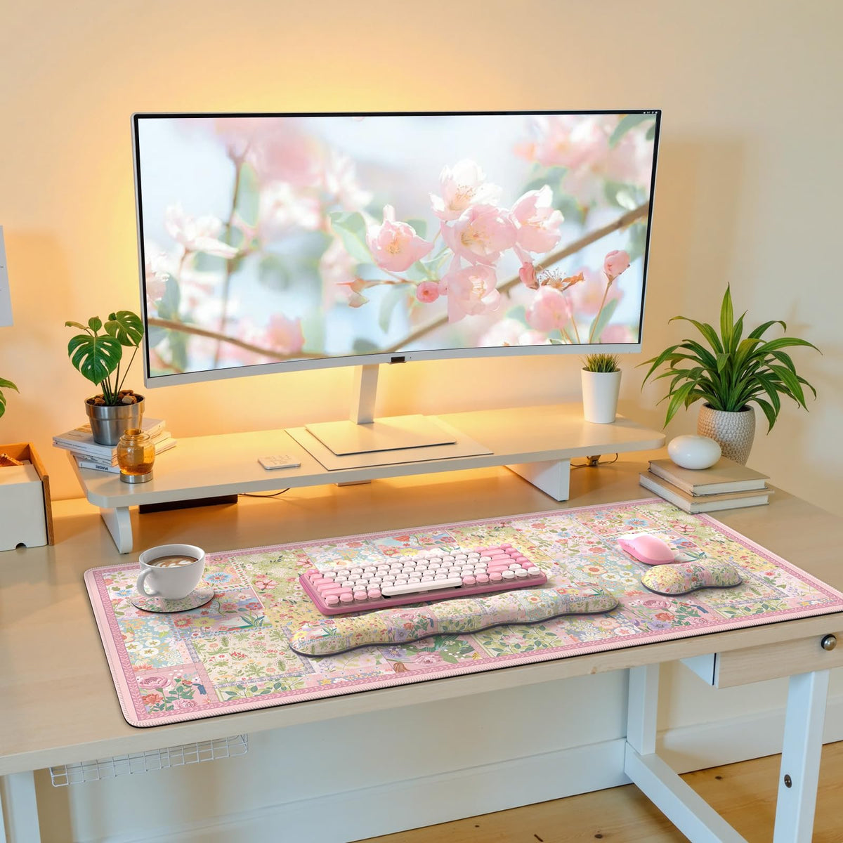 iLeadon Cute Floral Desk Mat Set, Non Slip Mouse Pad with Wrist Support