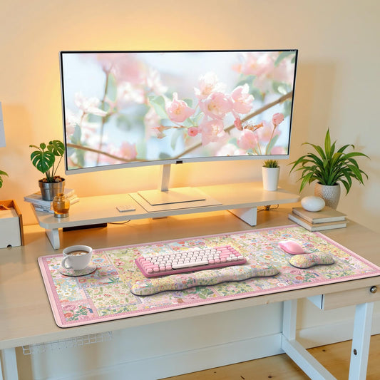 iLeadon Cute Floral Desk Mat Set, Non Slip Mouse Pad with Wrist Support