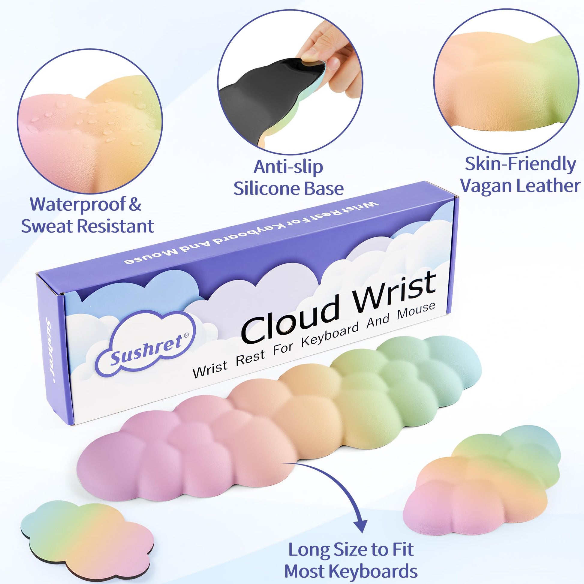 Sushret Cloud Wrist Rest Keyboard,Cloud Keyboard Wrist Pad,Rainbow Gradient
