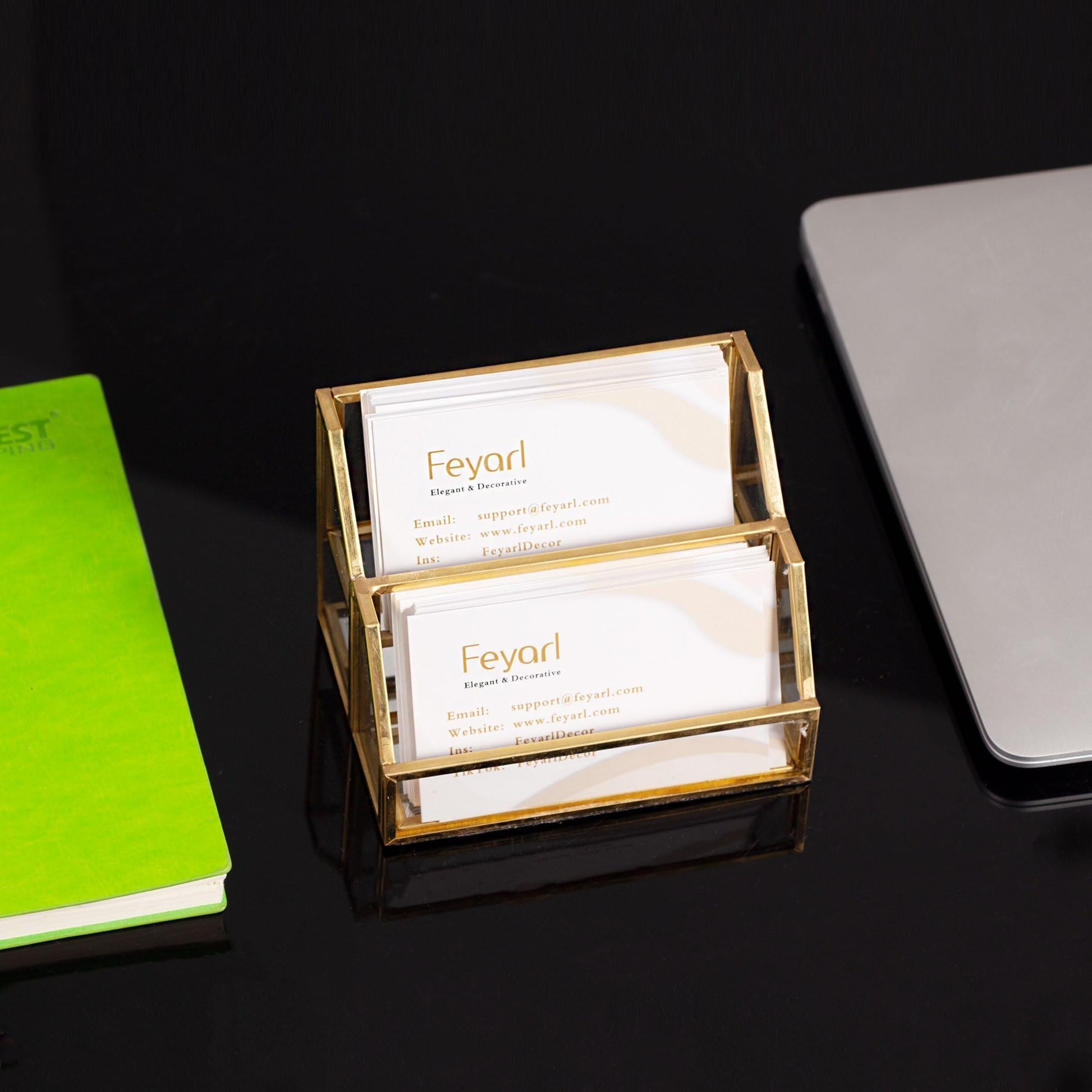 Feyarl Gold Glass Business Card Holder 2 Slots Name Cards Display Stand Business Cards Organizer