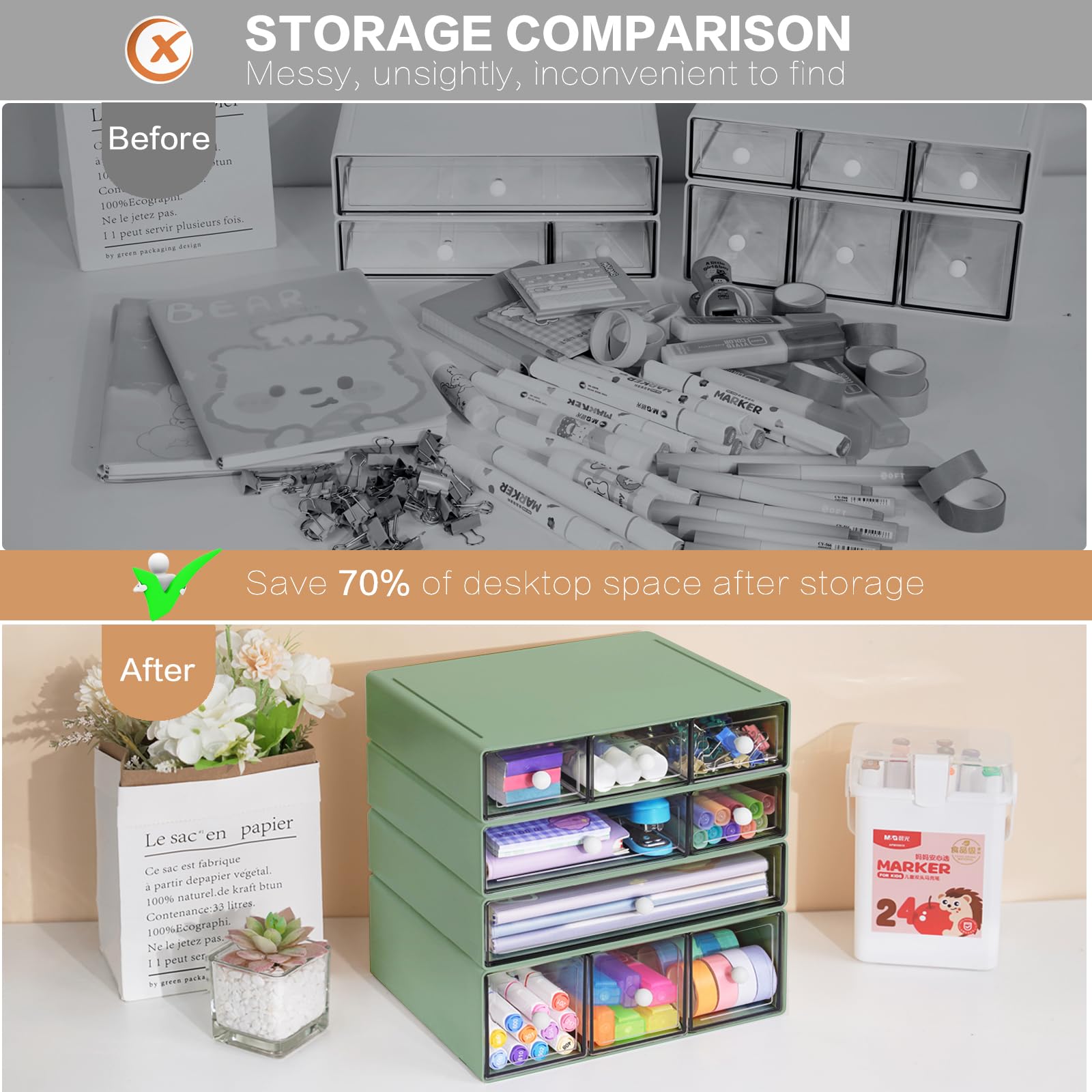 FODIENS Desk Storage Organizer with 9 Drawers, 4 Tiers Stackable Desktop Craft Storage Drawers