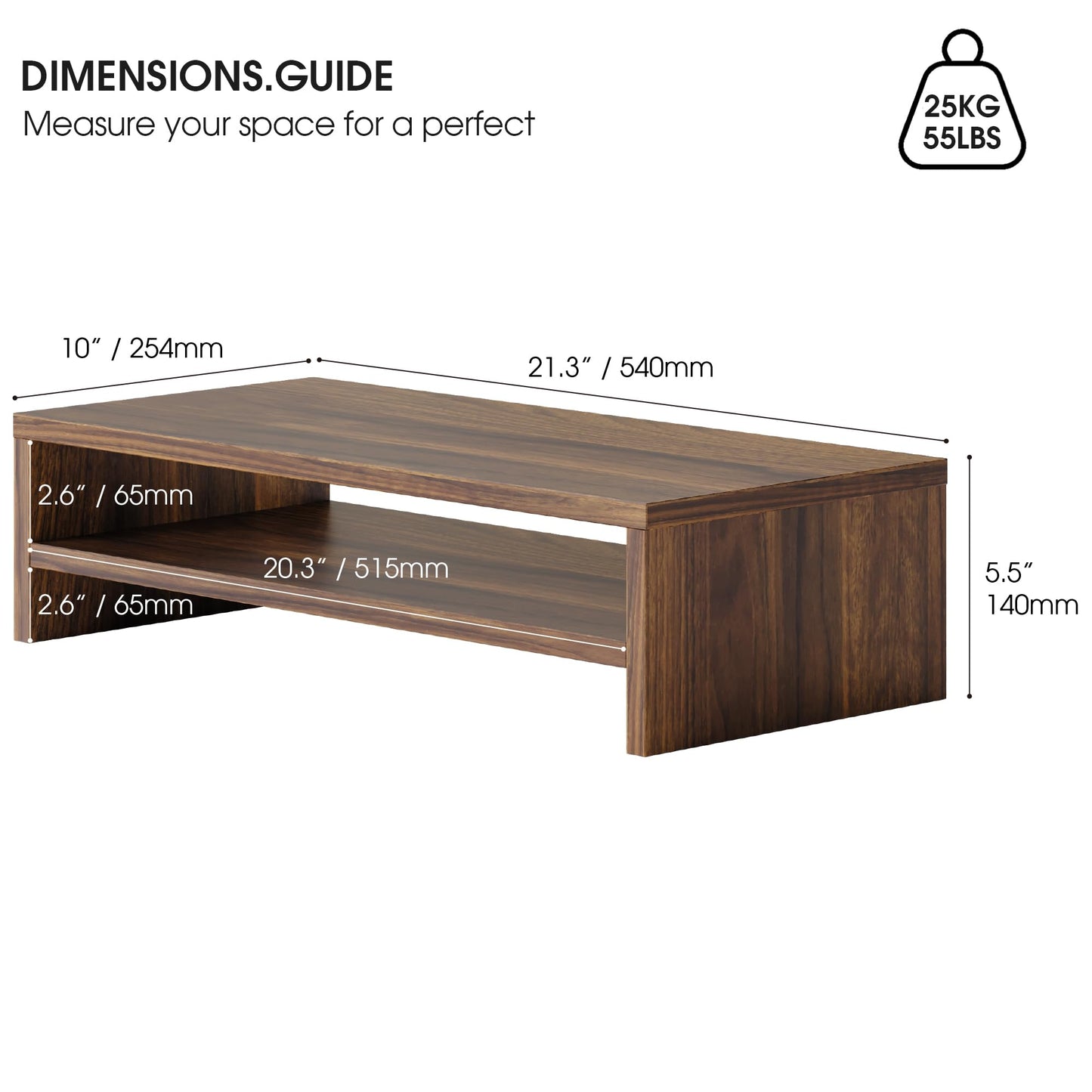 FITUEYES Wooden Monitor Stand Riser, 2-Tier Desk Storage Shelf, Brown