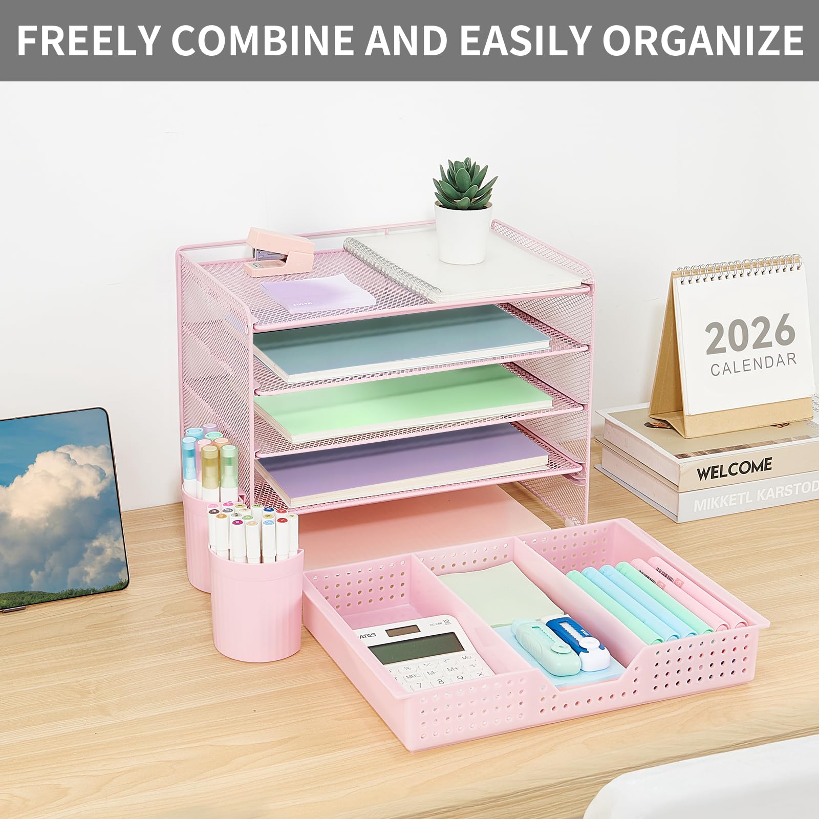 LEKETREE Desk Organizers and Accessories, 5-Tier Paper Letter Tray Organizer with Drawer & 2 Pen