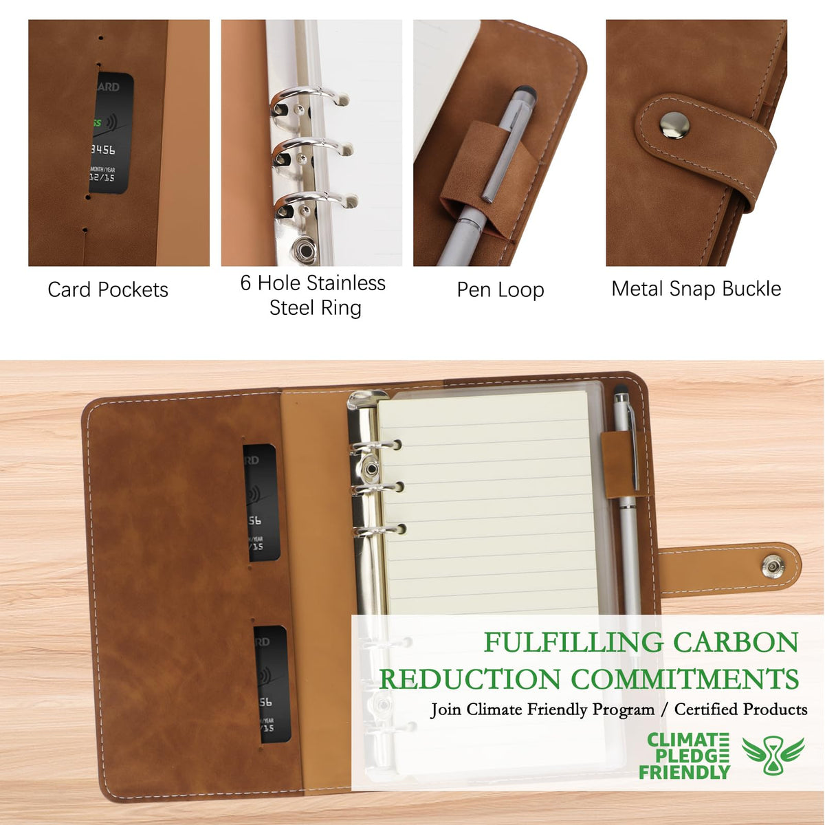 FYY A6 Binder Refillable Planner Notebook 6 Ring, Brown