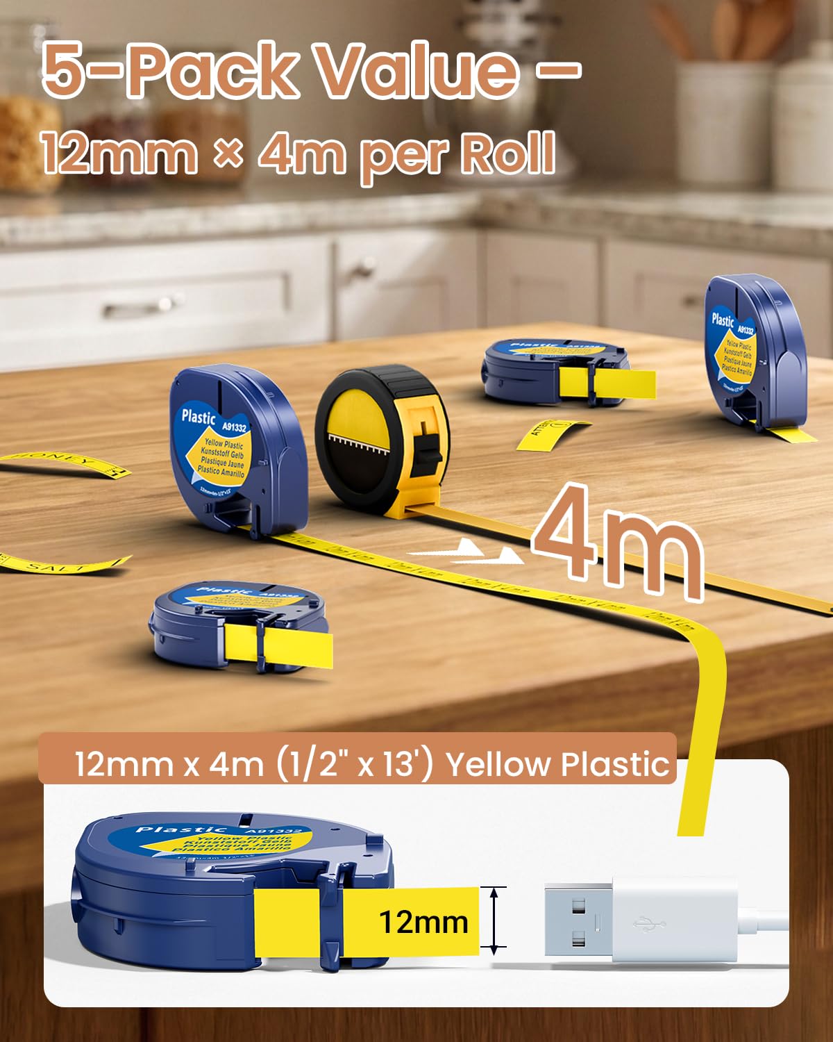 Yellow Plastic Tape Strong Adhesion Replace for Dymo Letratag Refills 91332