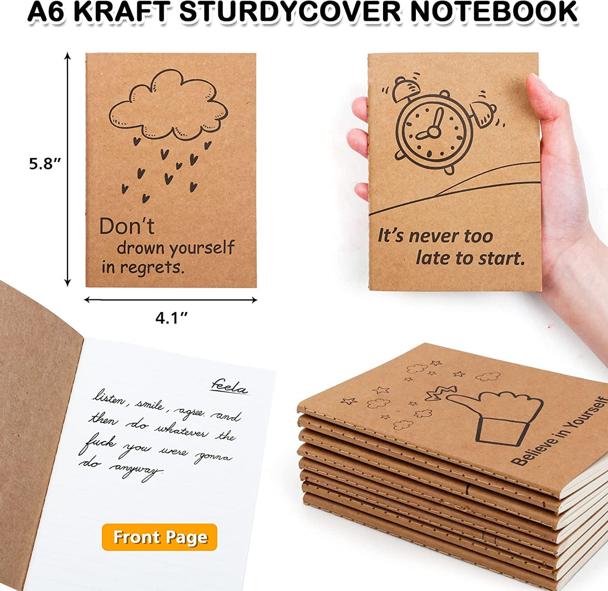 feela 8 Pack Cute Kraft Notebooks, 8 Designs Mini Pocket A6 Notebook Journal Notepad, Lined Small