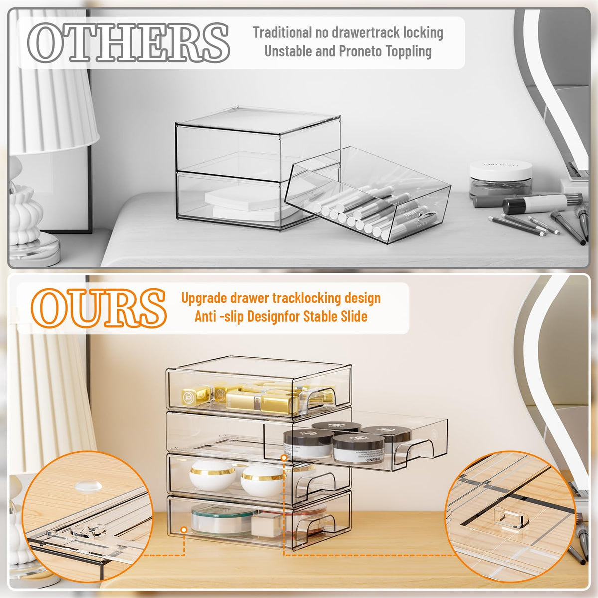 Yieach 2.2'' High Small Clear Stackable Storage Drawers,4 Pack Desk Organization and Storage