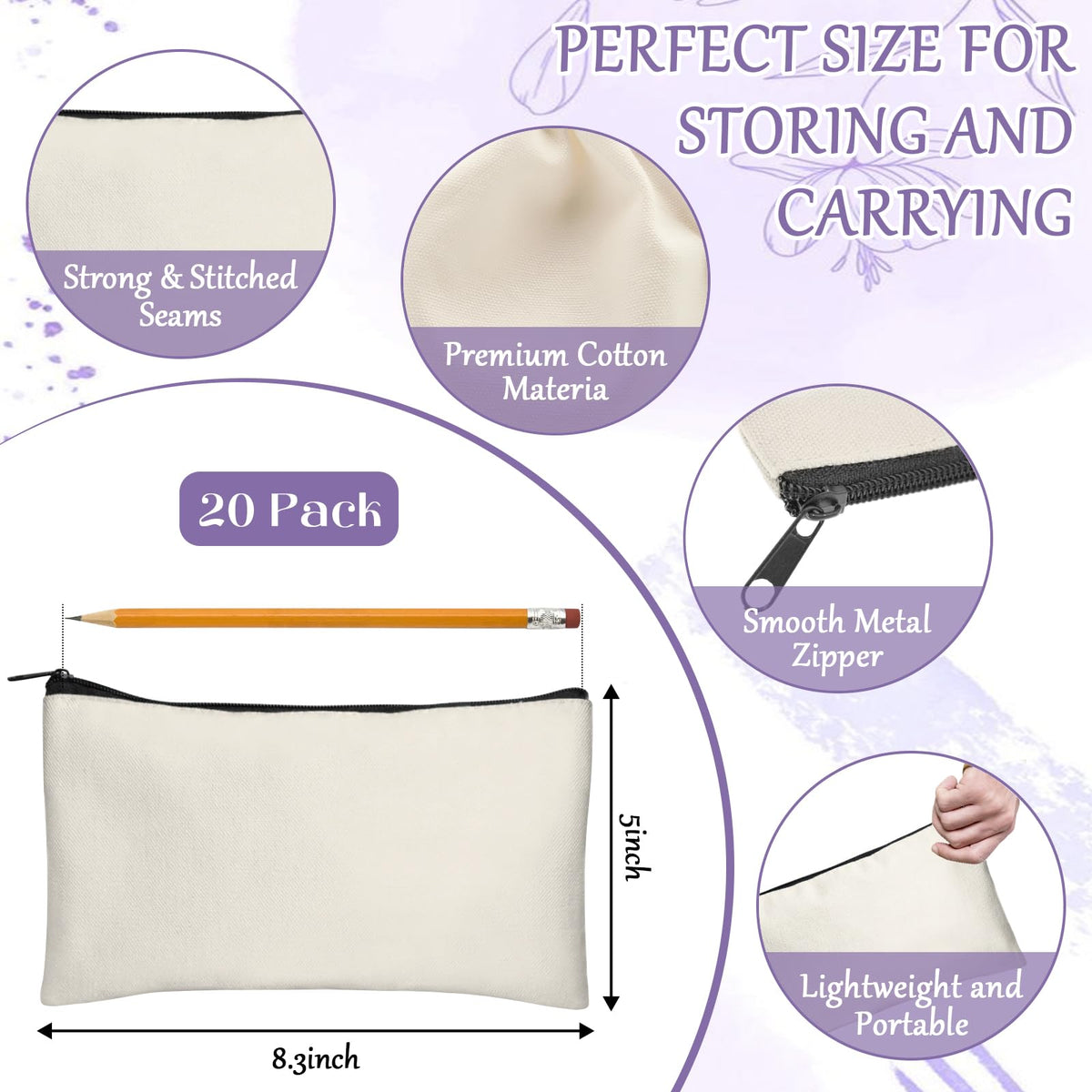 Legigo 20 Pack Blank Canvas Bag Zipper Pouch Makeup Bags Bulk - Multi-Purpose Canvas Pencil Pouch