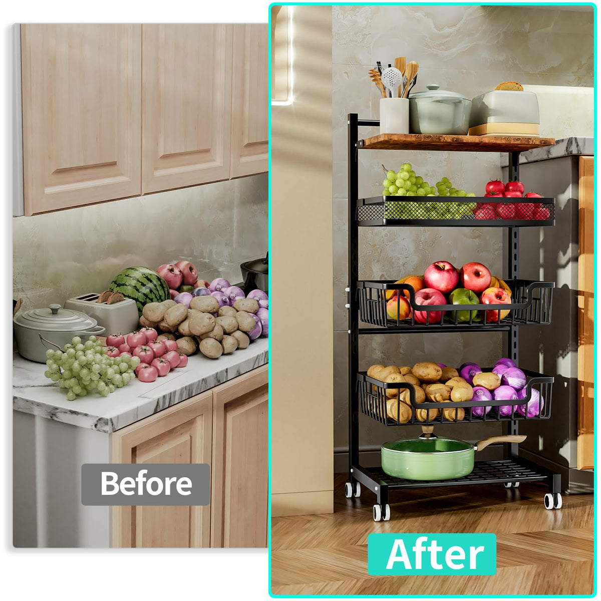 HapiRm Fruit Basket Kitchen Cart - Floor 5 Tier Adjustable Fruit and Vegetable Storage Rack, Large