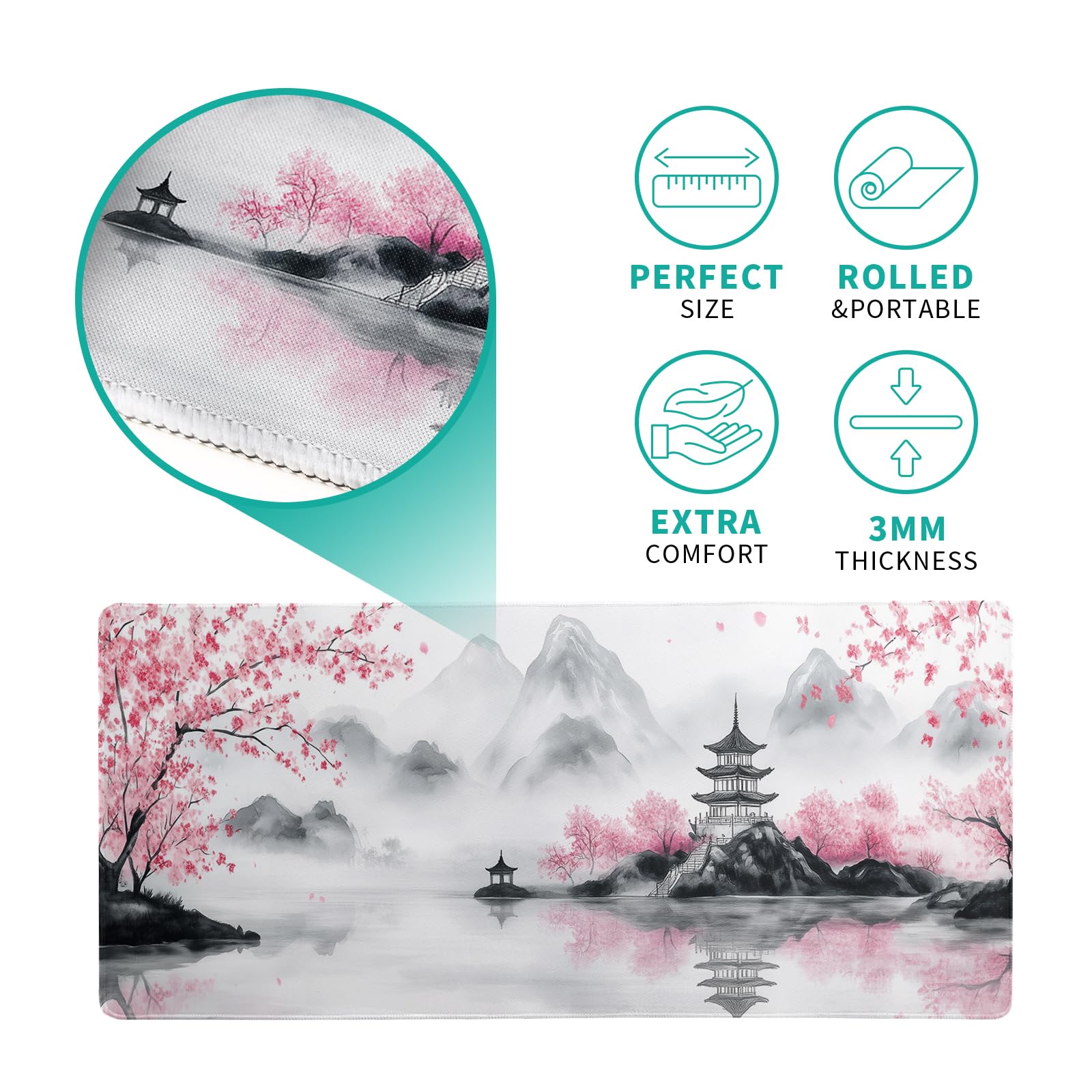 Pagoda Mouse Pad 31.5x11.8 Inch White Full Desk Japanese Mousepad Extended Large Non-Slip Rubber