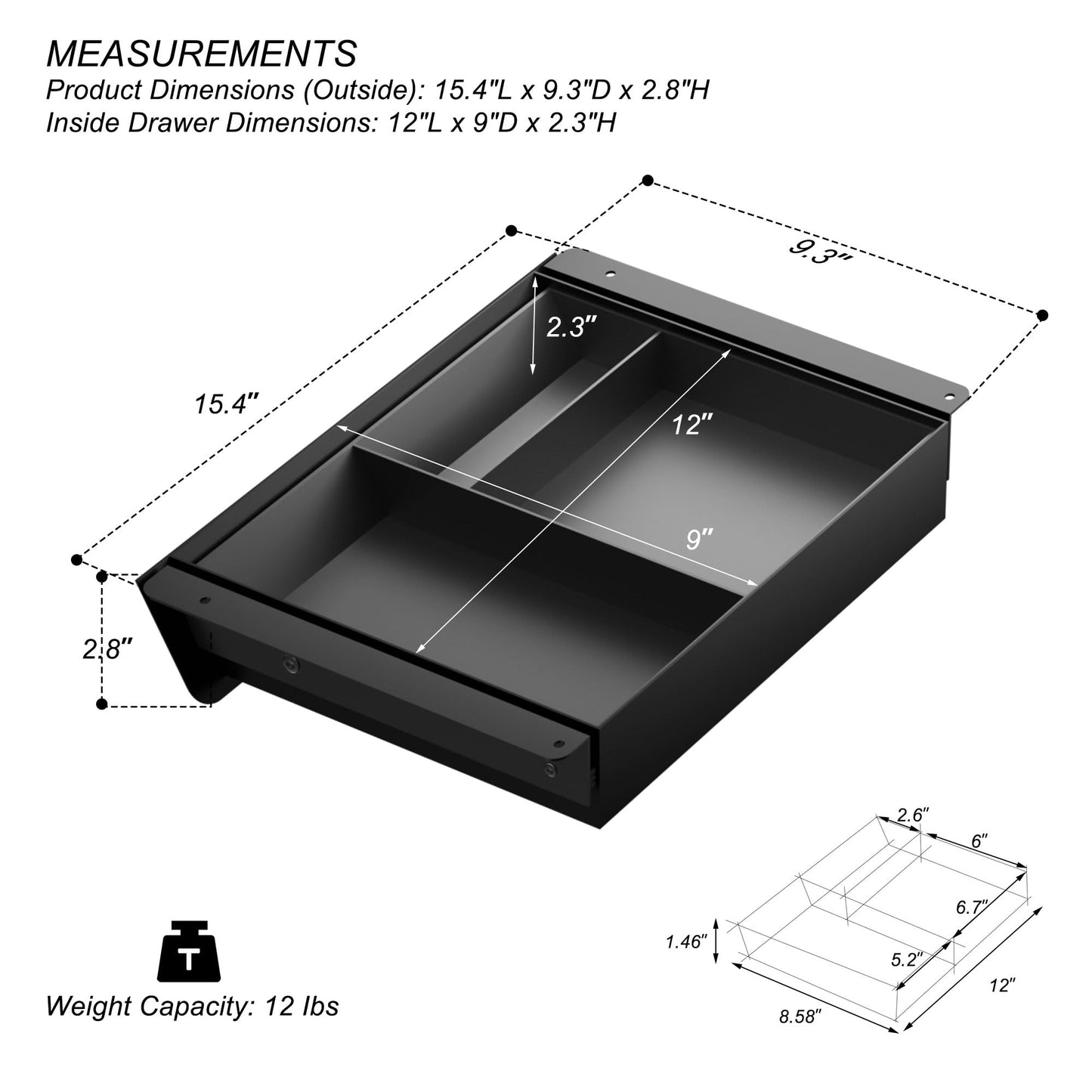 Gaxomo Under Desk Drawer with Removable Tray, 15.4" Wide 2-in-1 Organizer – 60° Ergonomic Tilt