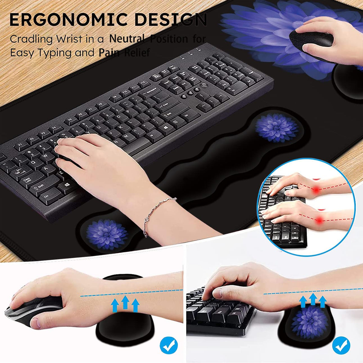 Ergonomic Mouse Pad Set, Desk Mat(31.5×11.8 in) + Keyboard Wrist Rest Support + Mouse Wrist Rest +