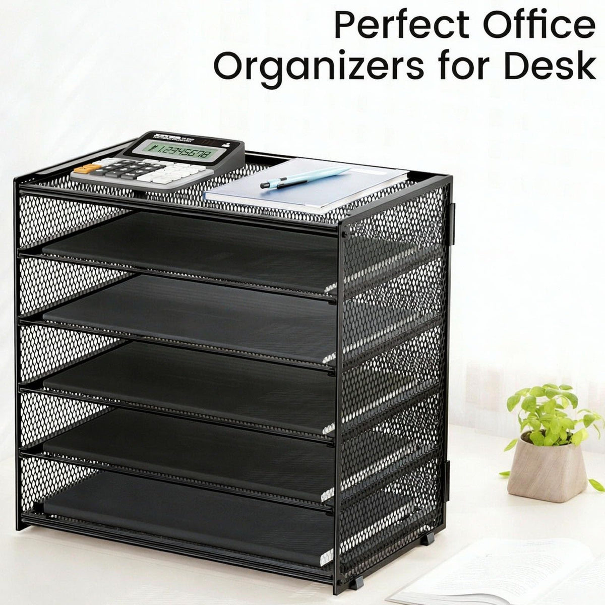 6 Tier Paper Organizer with Handle for Desk,Black with Closed top