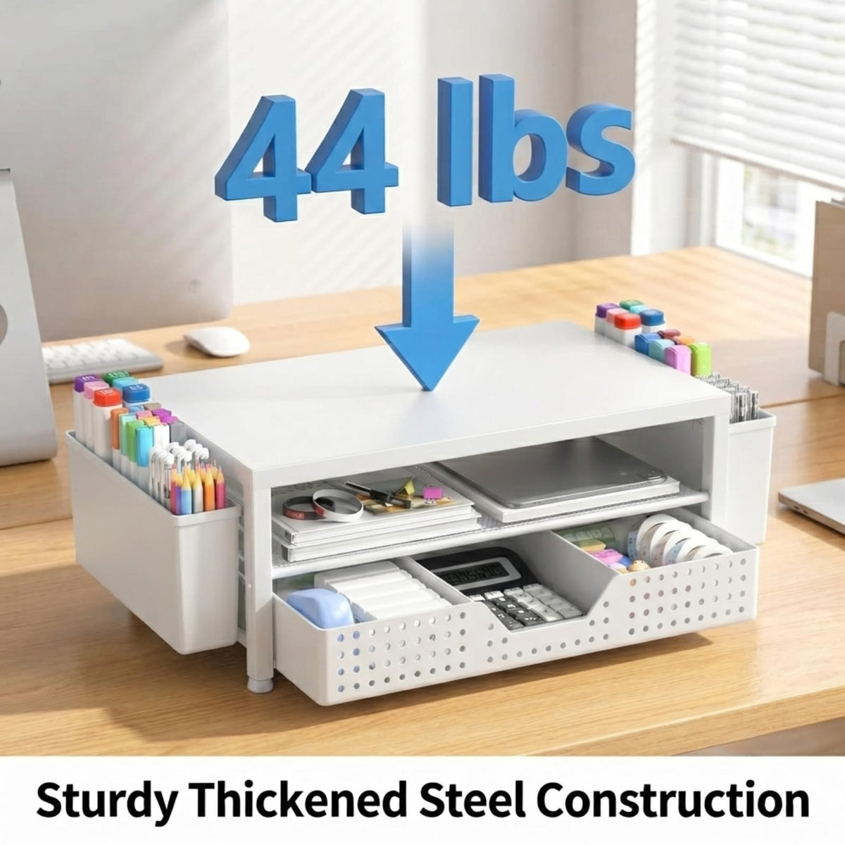 ECOLOVI Desk Organizer and Accessories, 2-Tier Computer Monitor Stand Rise with Storage Drawer & 2