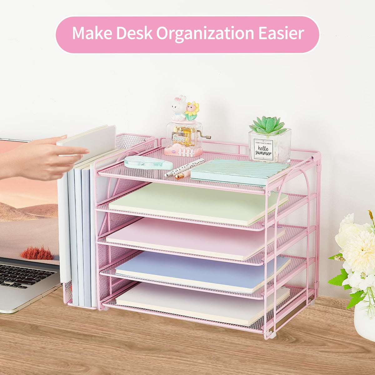 AUPSEN Pink Desk Organizers and Accessories, 5-Tier Desktop Paper File Organizer with Removable