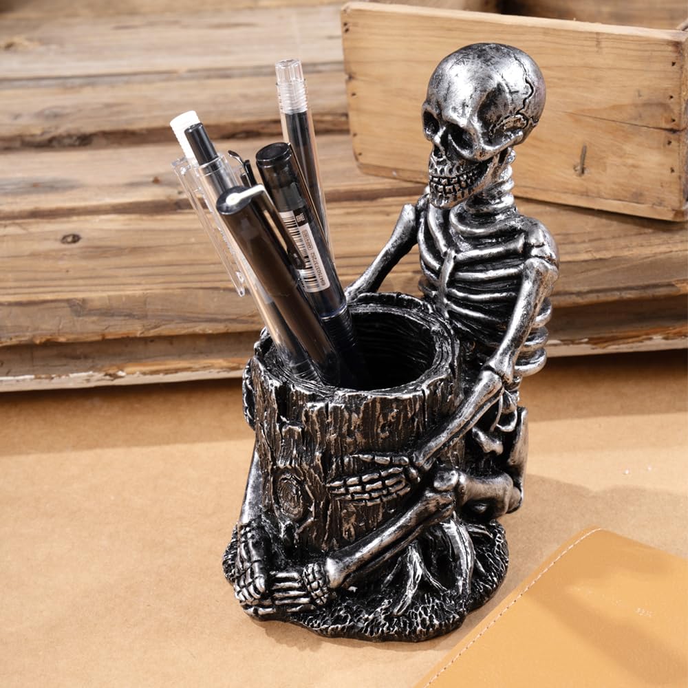 Arola Skull Pen Pencil Holder Skeleton Key Holder Makeup Brush Holder Home Office Desk Supplies