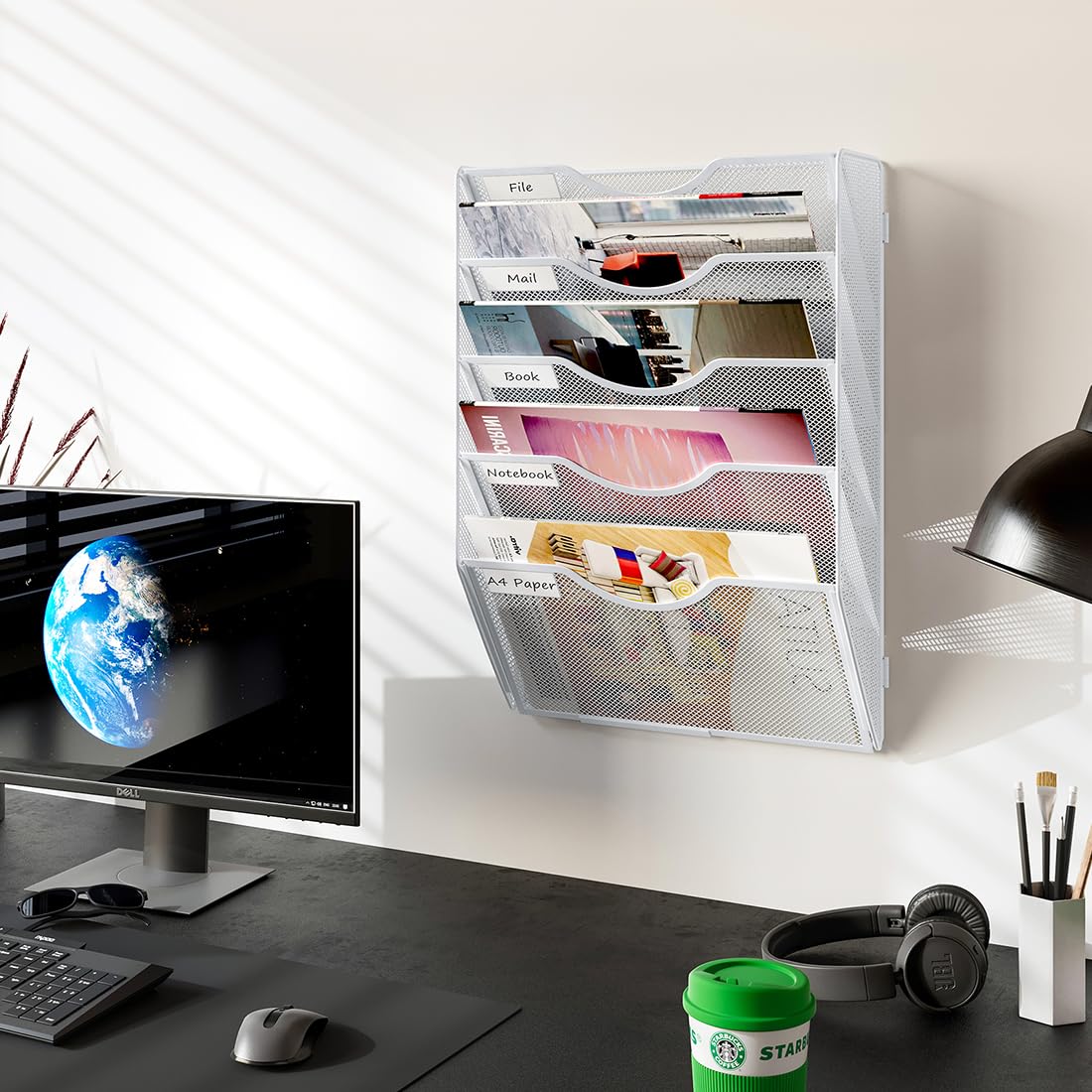 PAG-Mass Hanging Wall File Holder, 5 Tier Mail Sorter for Wall, Mesh Office Wall Organizer for