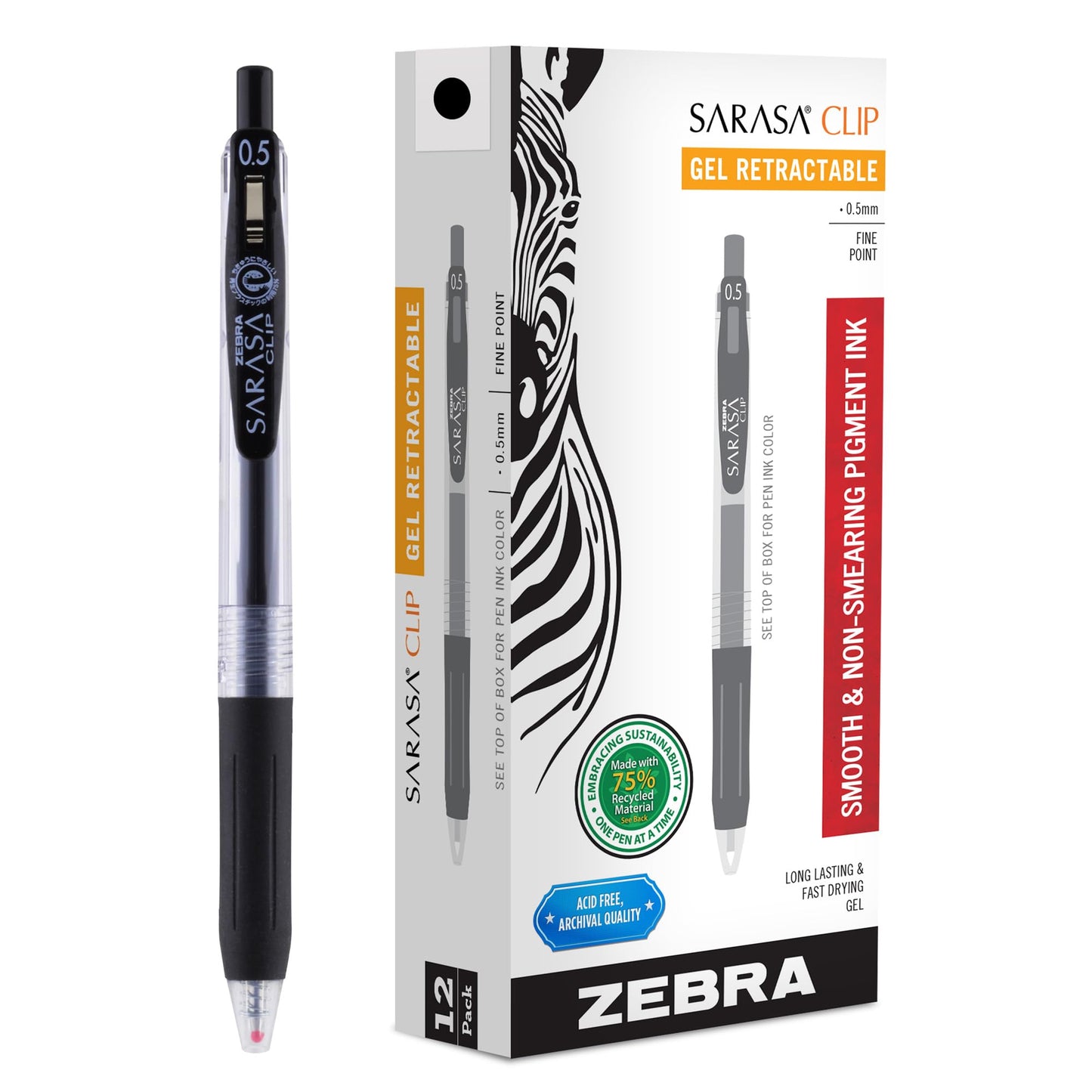 Zebra Pen SARASA Clip Retractable Gel Pen, Black Ink, 0.5mm, 12-Pack